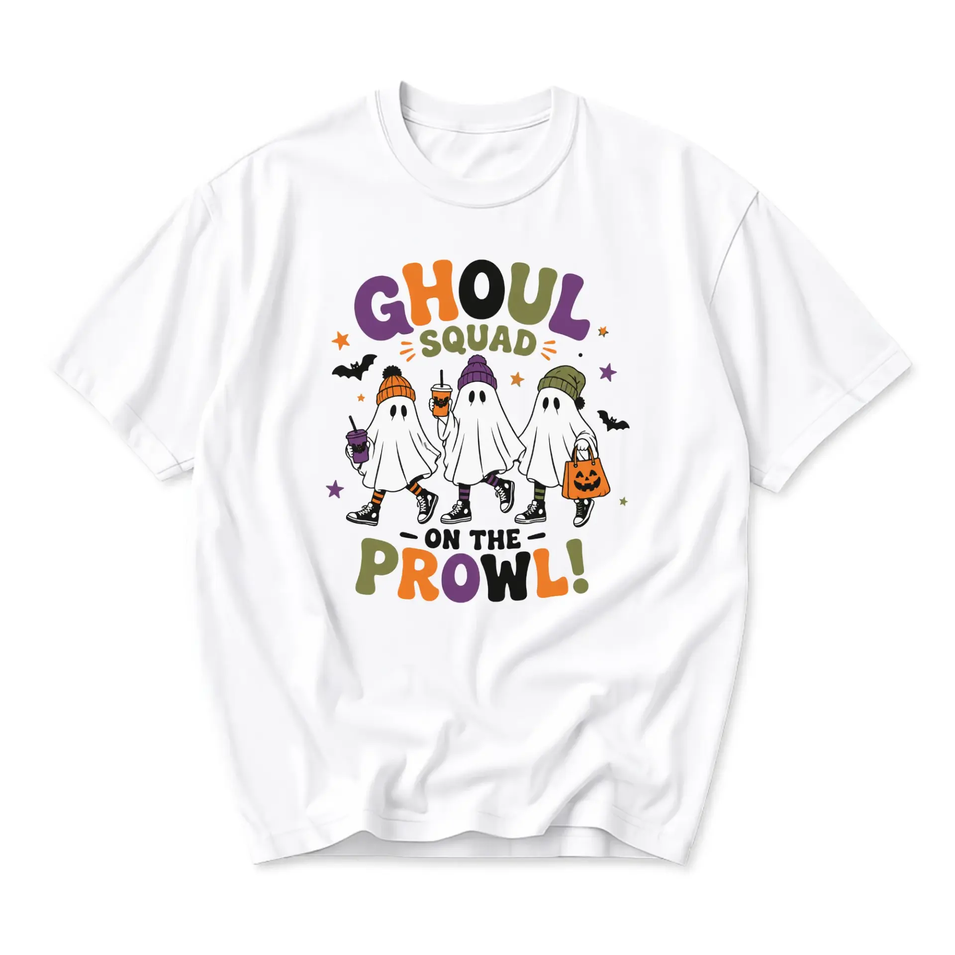 Graphic Tee Ghoul Squad on the Prowl Funny Halloween Spooky Ghost Art Unisex Casual Short Sleeve Crew Neck Shirt White
