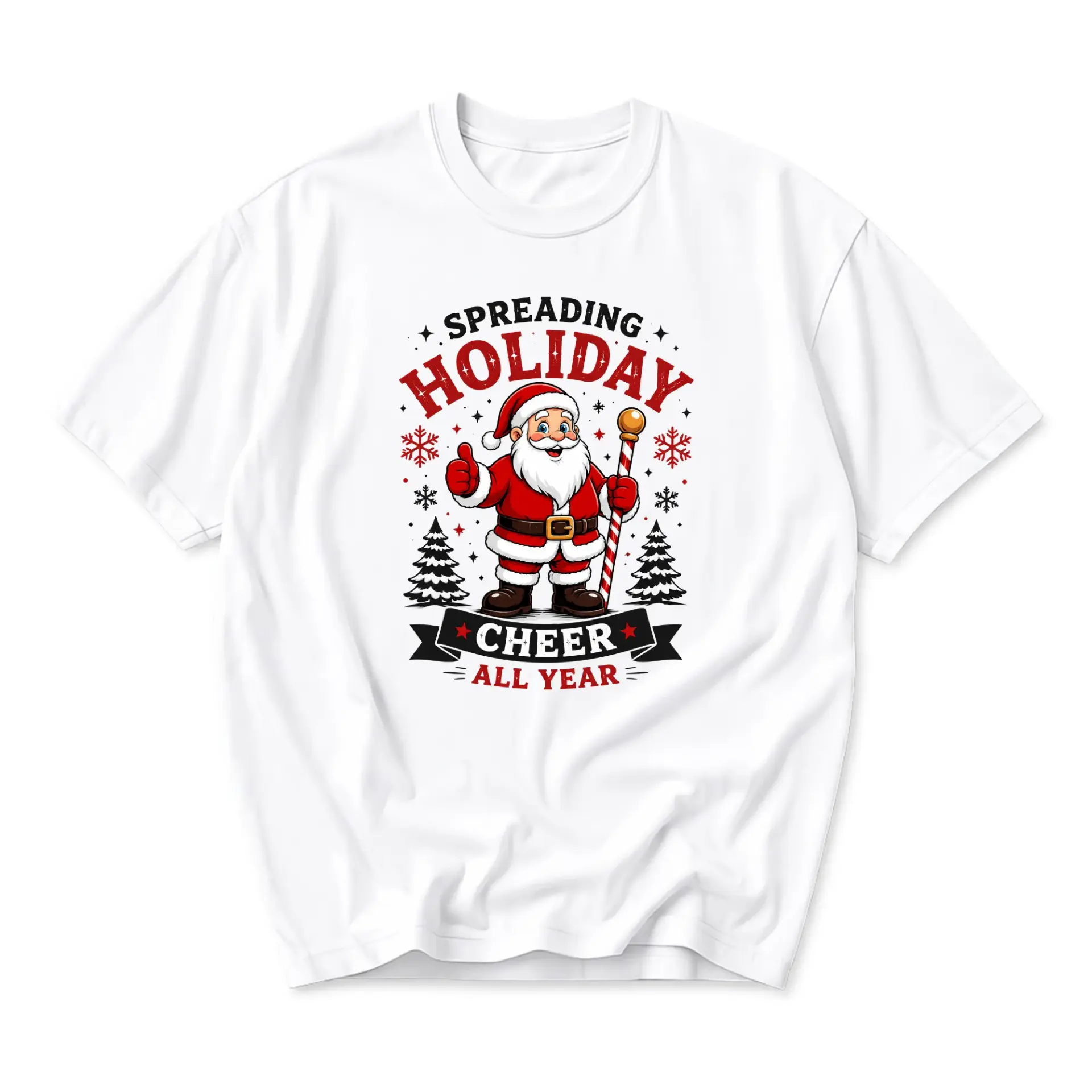 Graphic Tee Spreading Holiday Cheer Santa Claus Christmas Short Sleeve Unisex Crew Neck Casual Cotton Shirt White