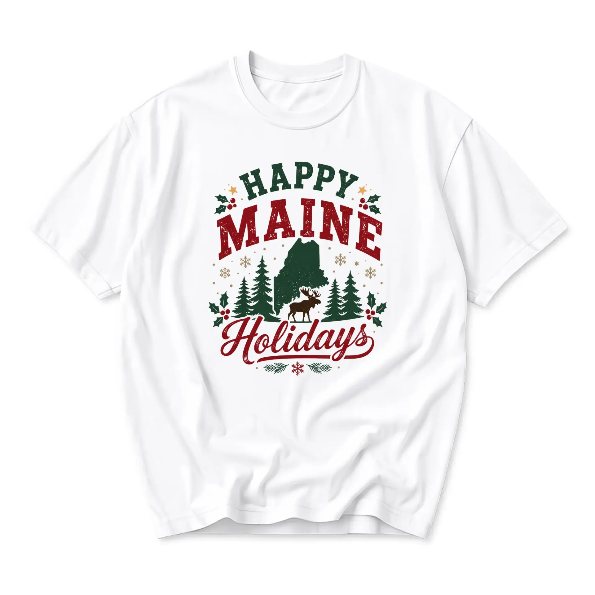 T-shirt Happy Maine Holidays Graphic Tee Winter Forest Moose Print Unisex Crew Neck Casual Everyday Wear Soft Cotton