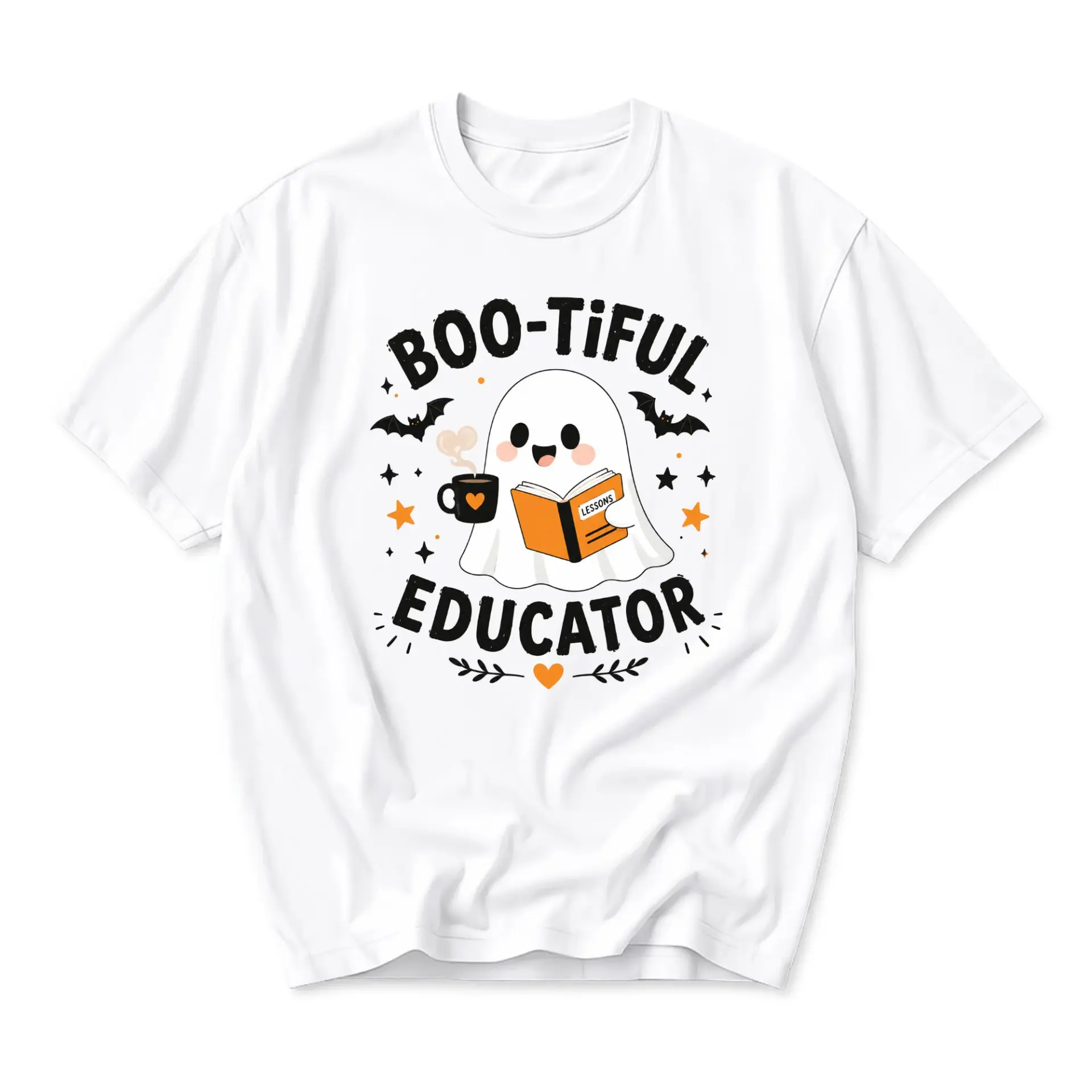 Funny Shirt Boo-Tiful Educator Ghost Reading Book Graphic Tee Unisex Casual Crew Neck Comfortable Cotton Blend Top