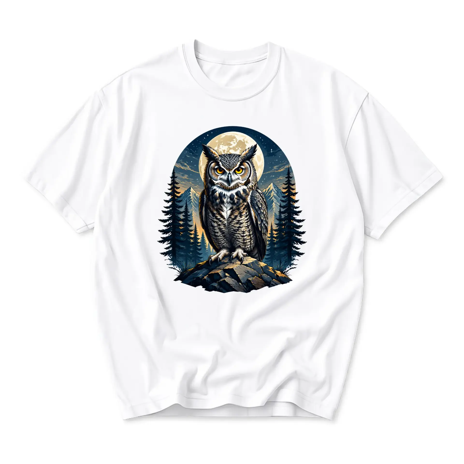 Graphic Tee Unisex Owl Moon Mountain Illustration Short Sleeve Casual Crew Neck Apparel for Nature Lovers Comfort Shirt