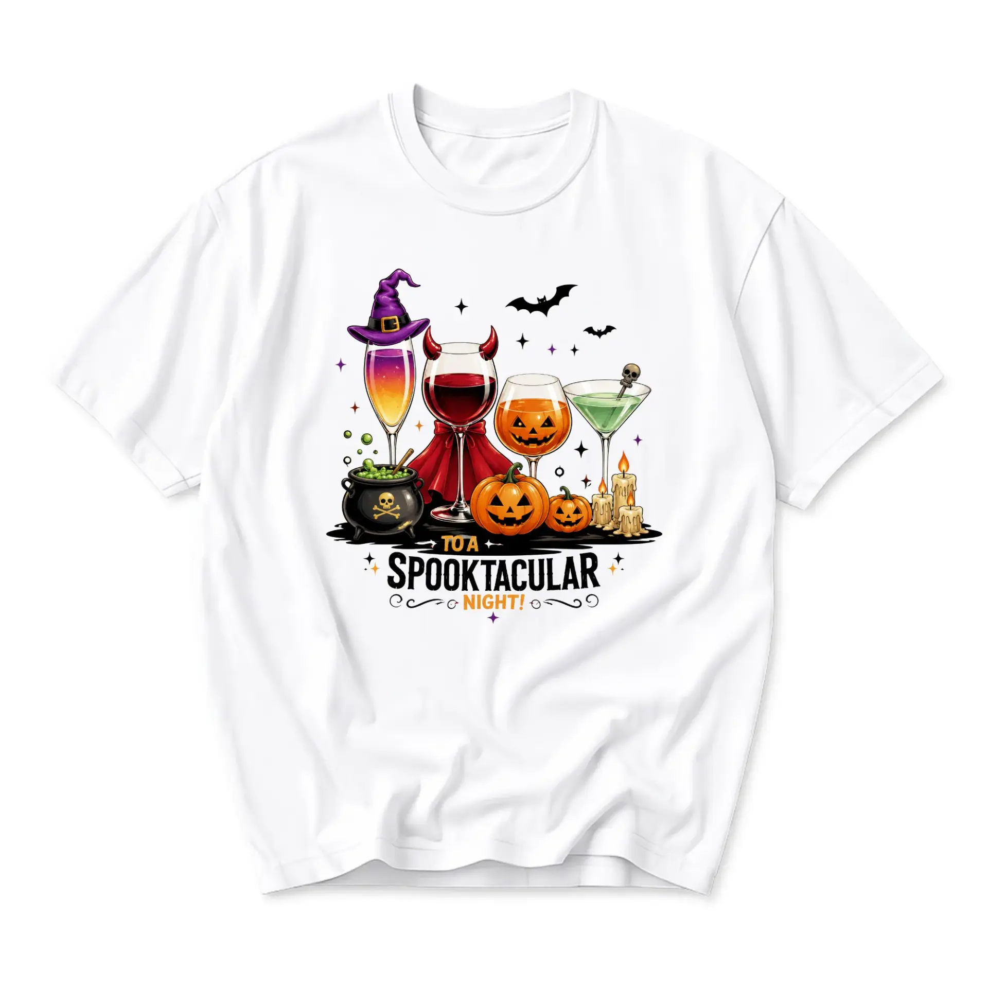 Funny Shirt Spooktacular Night Halloween Cocktail Graphic Tee Unisex Crew Neck Casual Cotton Blend Top for Adults