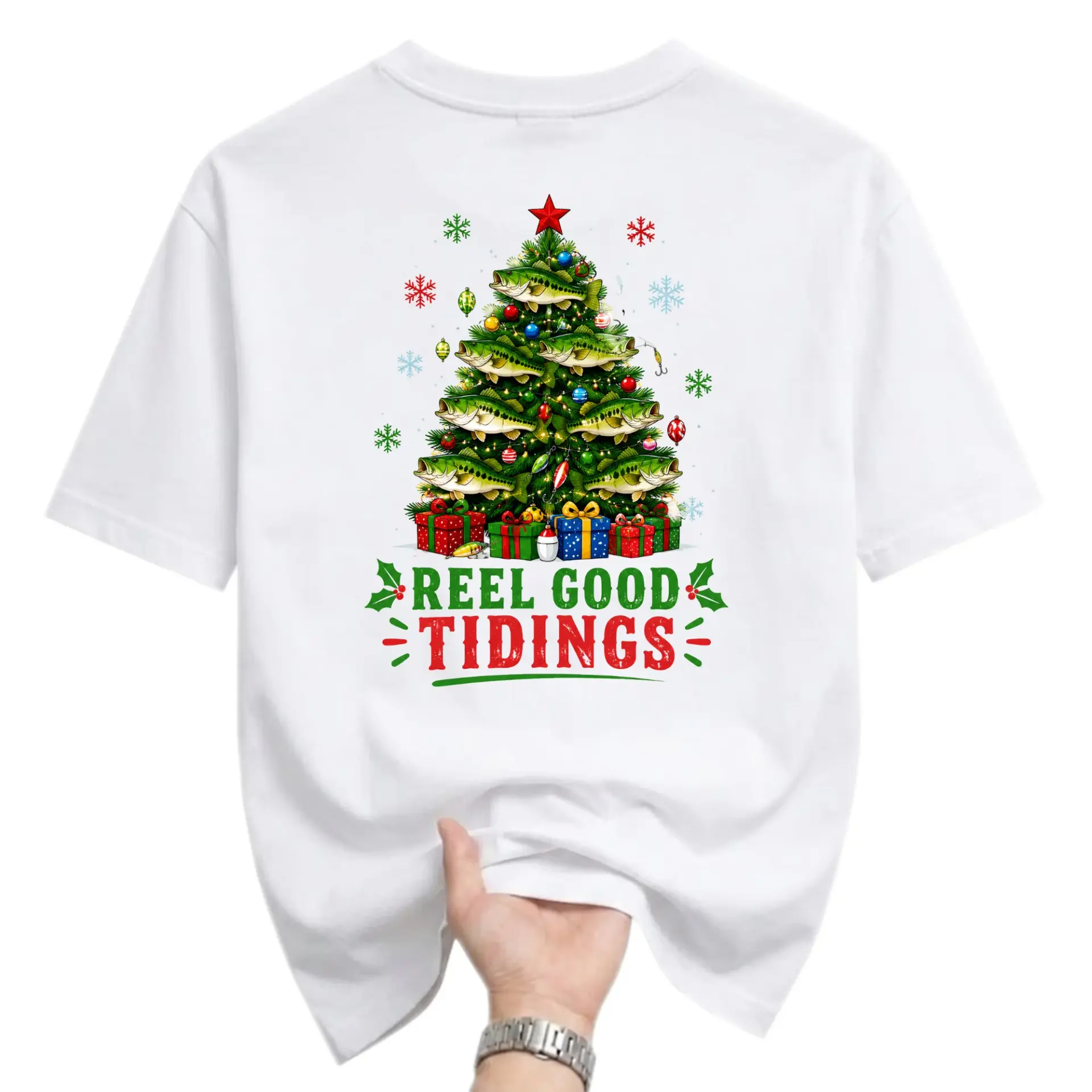 Funny Shirt Reel Good Tidings Christmas Tree Fishing Graphic Tee for