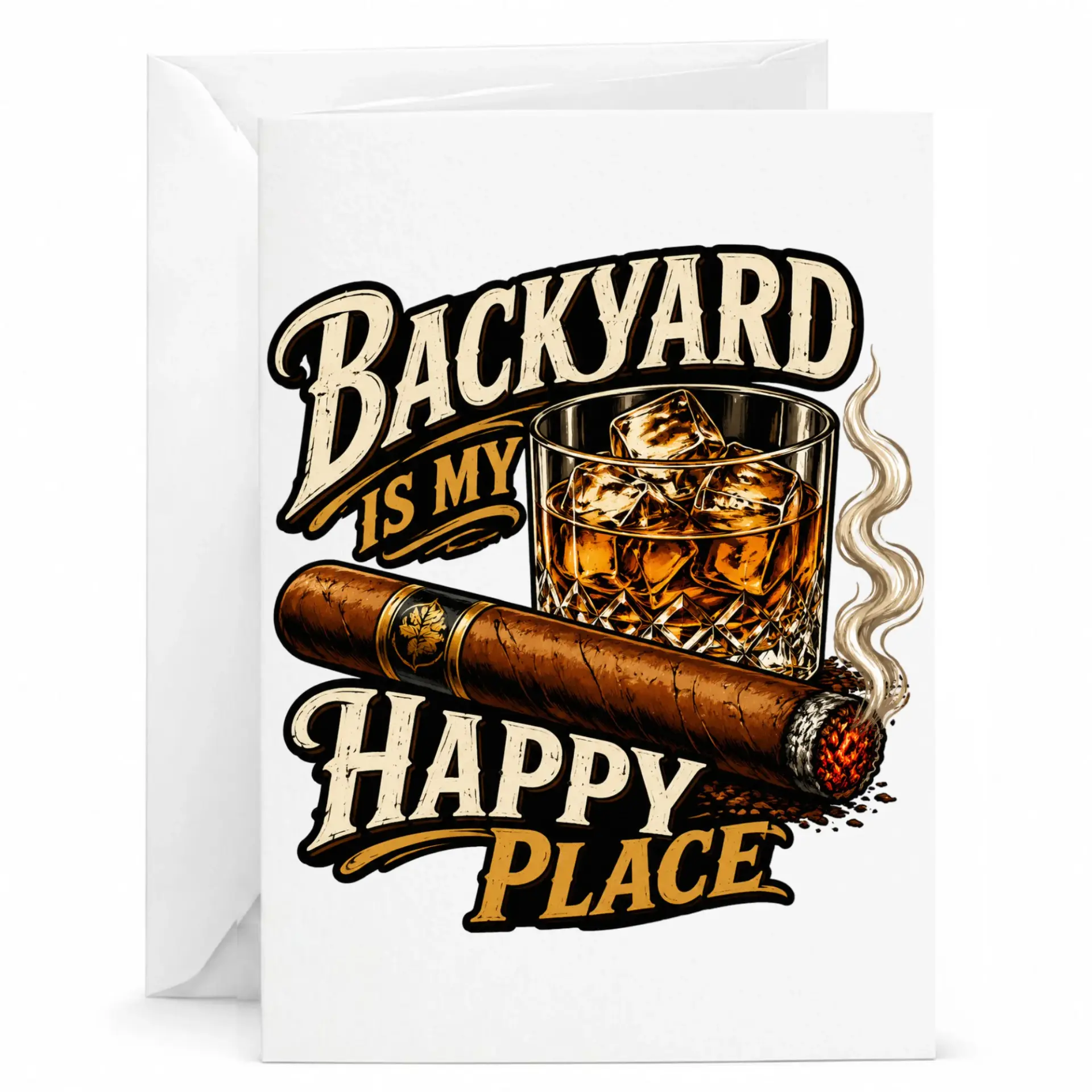 Funny Backyard Is My Happy Place Greeting Card with Cigar and Whiskey Glass Artwork for Relaxing Celebrations