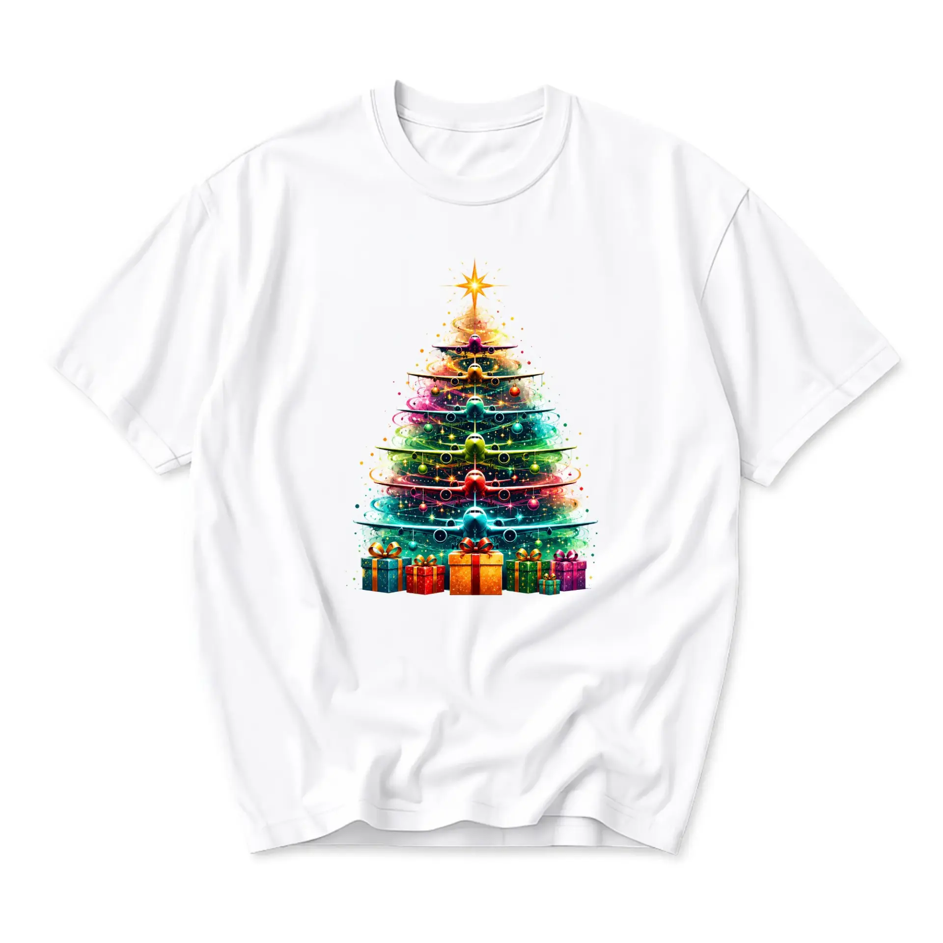 Graphic Tee Unisex Holiday Airplane Christmas Tree Shirt Aviation Themed Festive Apparel for Casual Everyday Wear