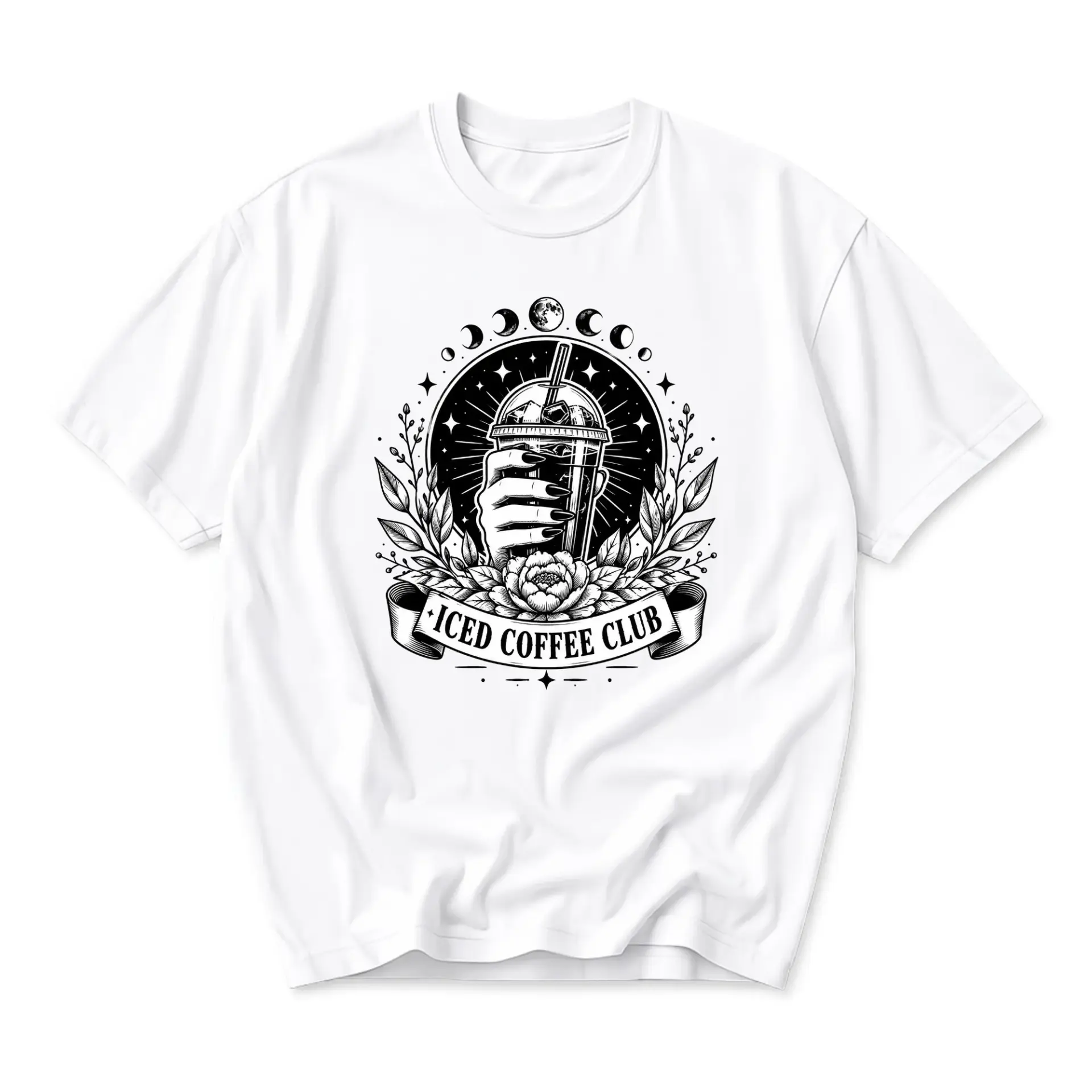 Graphic Tee Iced Coffee Club Unisex T-Shirt Black and White Illustration Short Sleeve Casual Crew Neck Top
