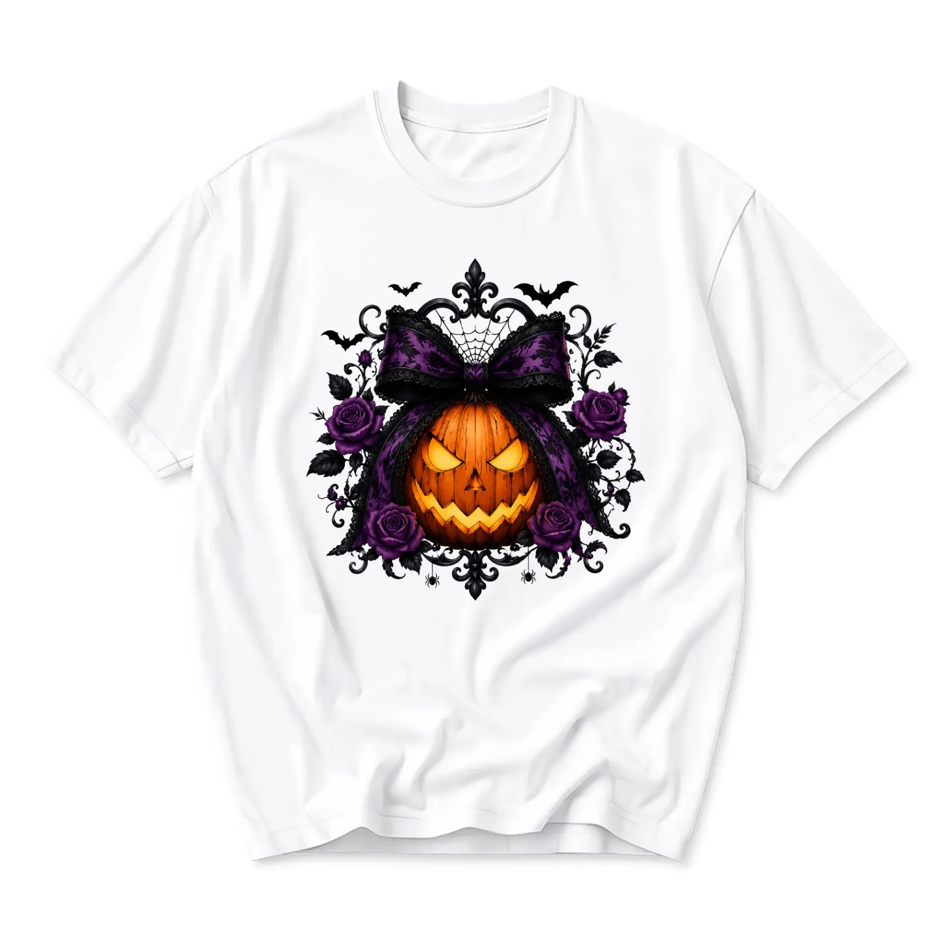 Graphic Tee Pumpkin Halloween Bow Gothic Roses Unisex Casual Shirt Vintage Style Fall Season Clothing Crew Neck Top