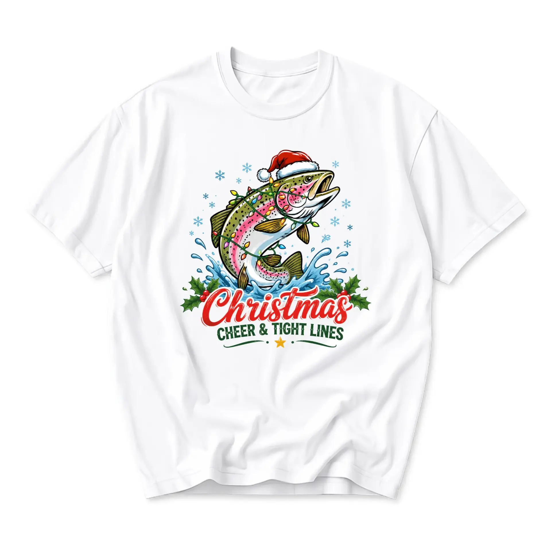 Graphic Tee Christmas Cheer and Fishing Holiday Unisex Crew Neck Casual Everyday Wear Soft Cotton Shirt