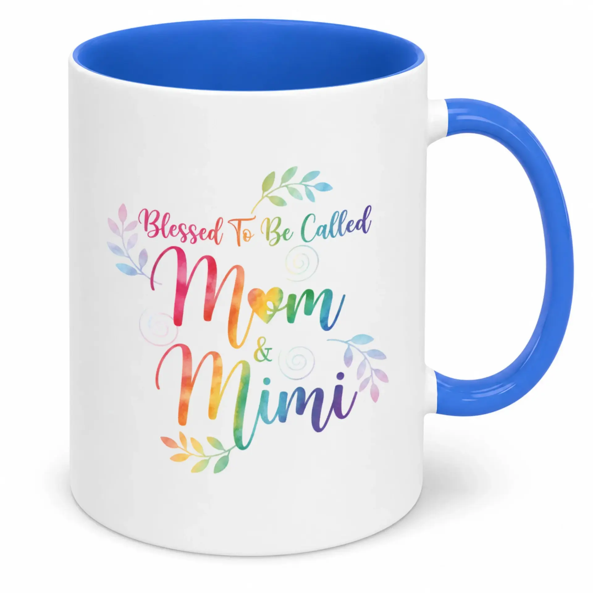 Blessed to Be Called Mom & Mimi Ceramic Coffee Mug Design Blue Handle Accent 11oz or 15oz Drinkware Gift