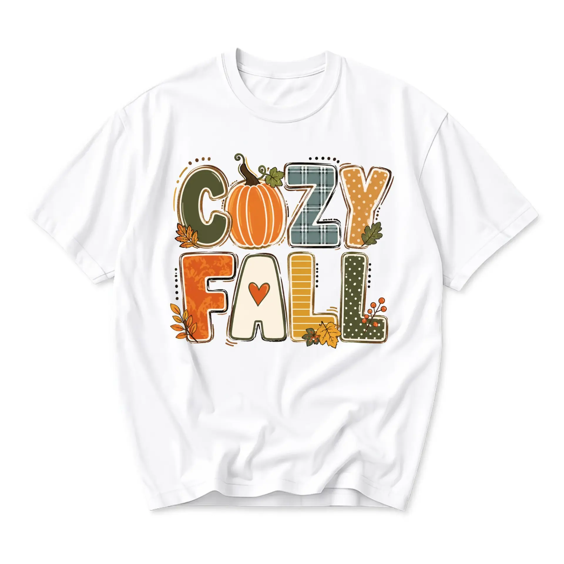 Graphic Tee Cozy Fall Pumpkin Leaf Autumn Season Unisex Crew Neck T-Shirt for Casual Everyday Wear and Seasonal Style