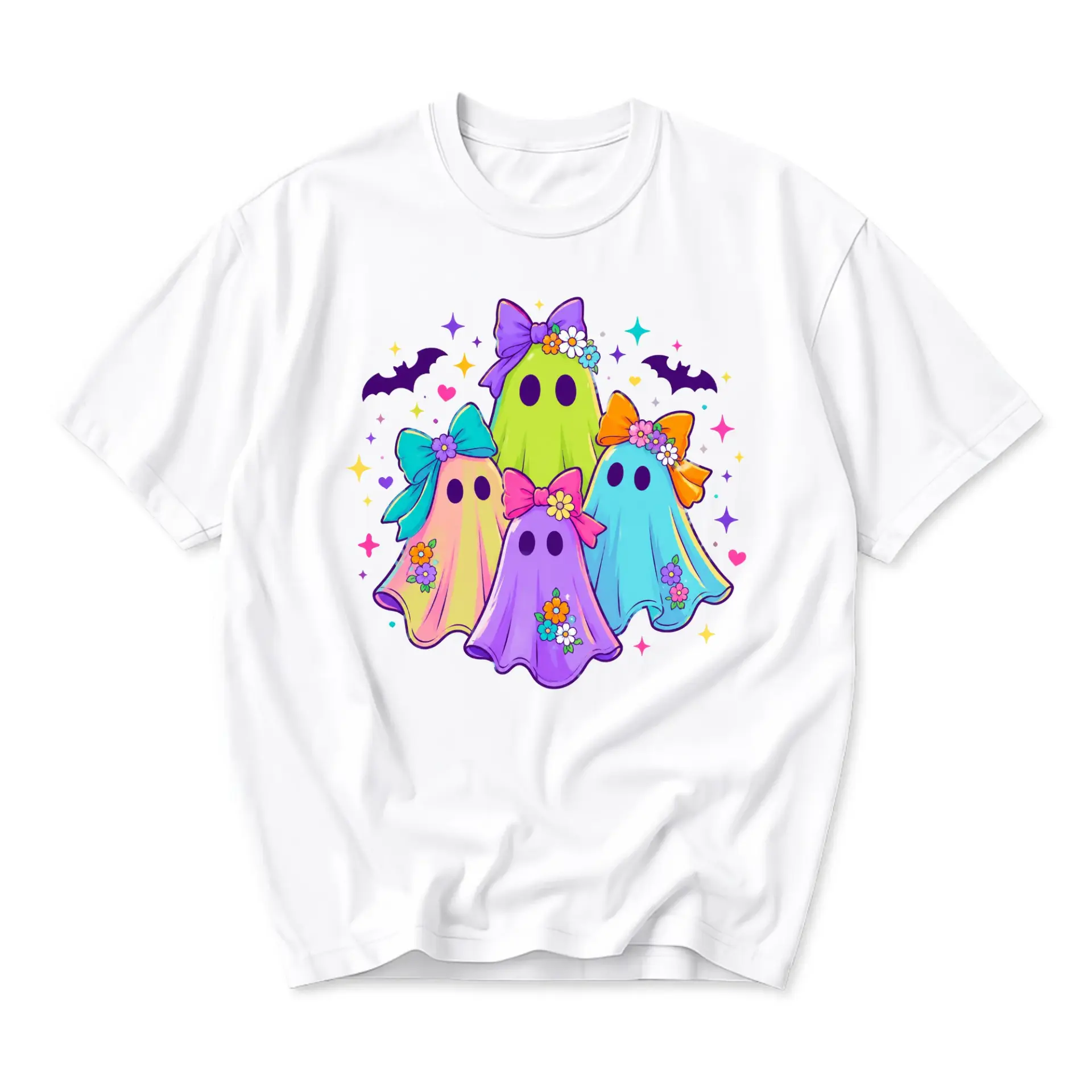 Graphic Tee Cute Pastel Ghosts Floral Bows Illustration Unisex Casual Crew Neck T-Shirt Soft Cotton Everyday Wear
