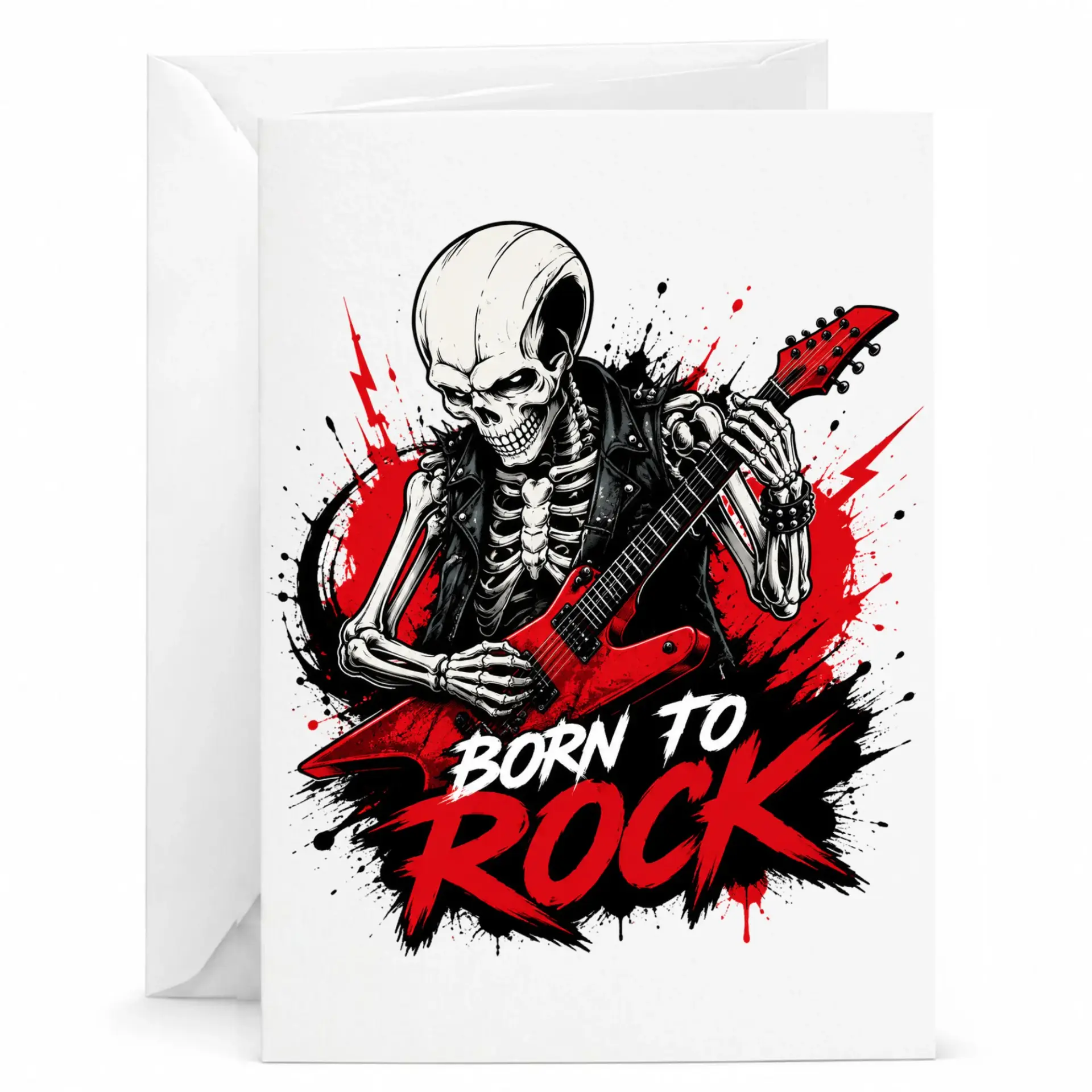 Funny Born to Rock Skeleton Greeting Card with Envelope Heavyweight Music Theme Note for Musicians