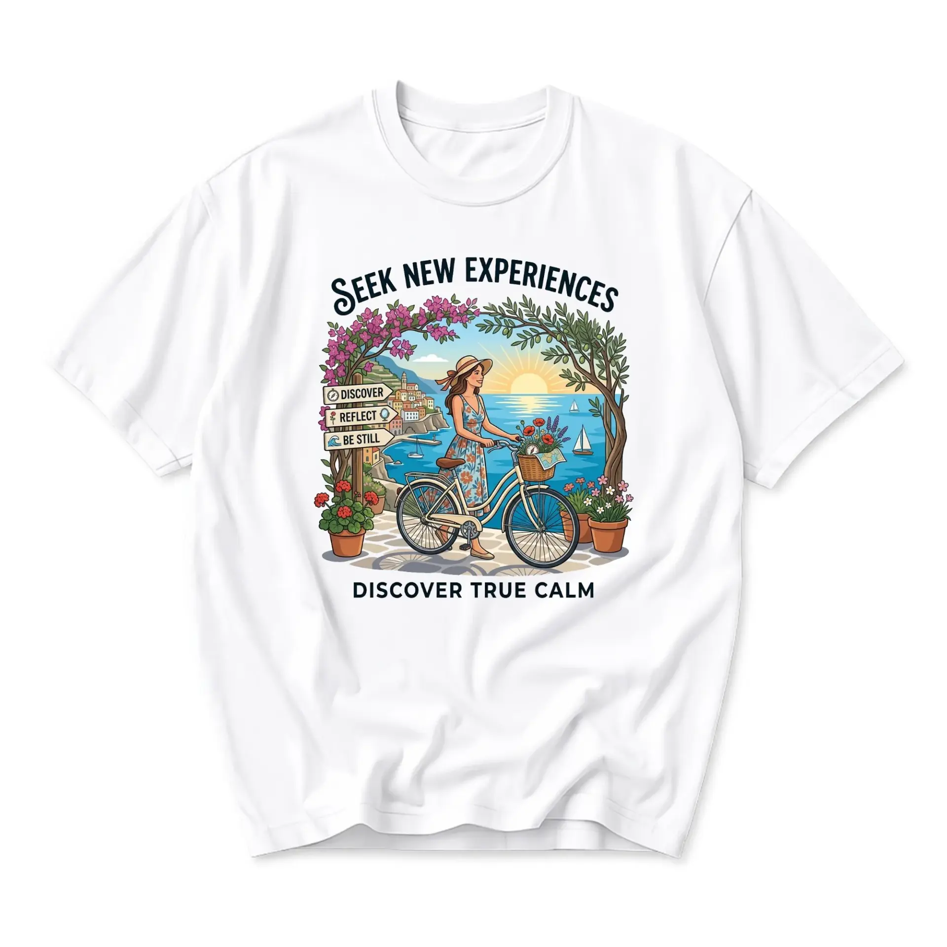 Graphic Tee Seek New Experiences Vintage Travel Art Unisex Crew Neck T-Shirt for Casual Everyday Outfit and Relaxation