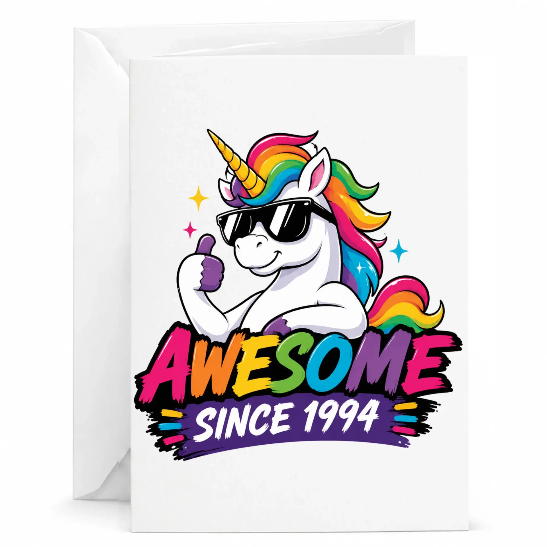Funny Greeting Card Awesome Since 1994 Birthday Card Featuring Colorful Unicorn with Sunglasses and Thumb up Design