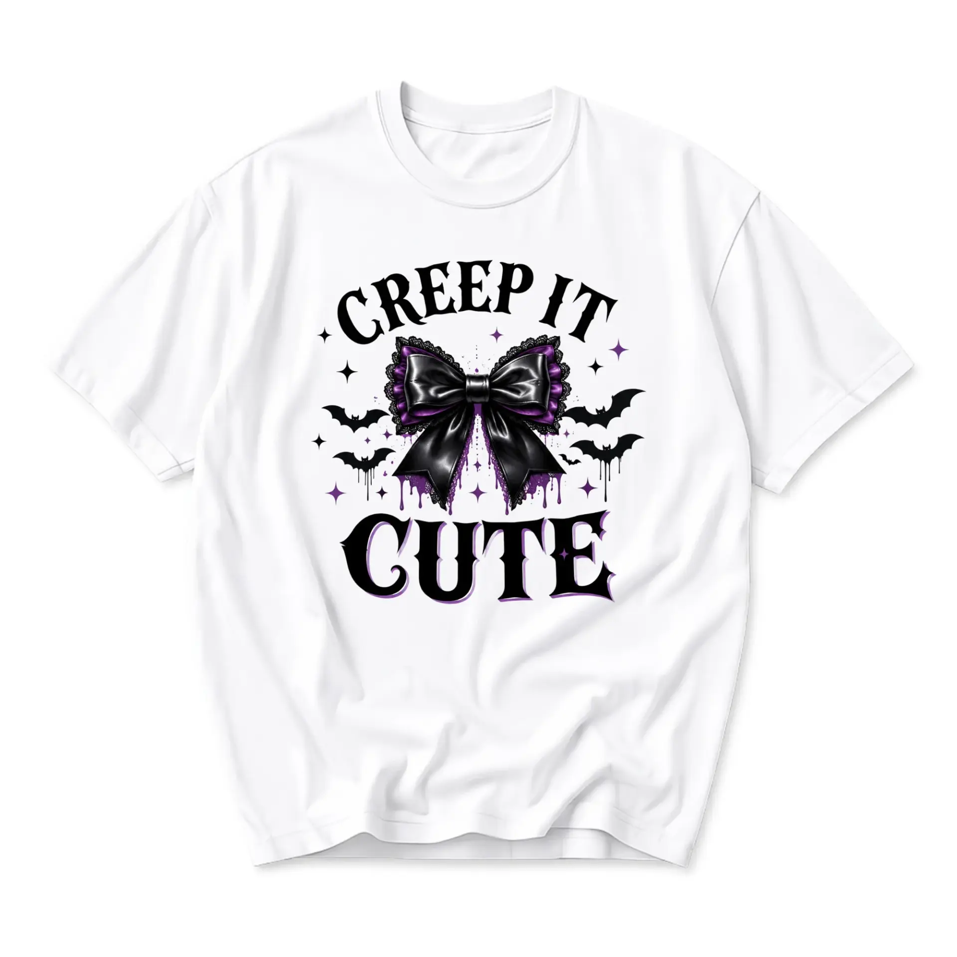 Graphic Tee Creep It Cute Gothic Bow Bat Illustration Unisex Crew Neck Casual Everyday Short Sleeve T-Shirt White