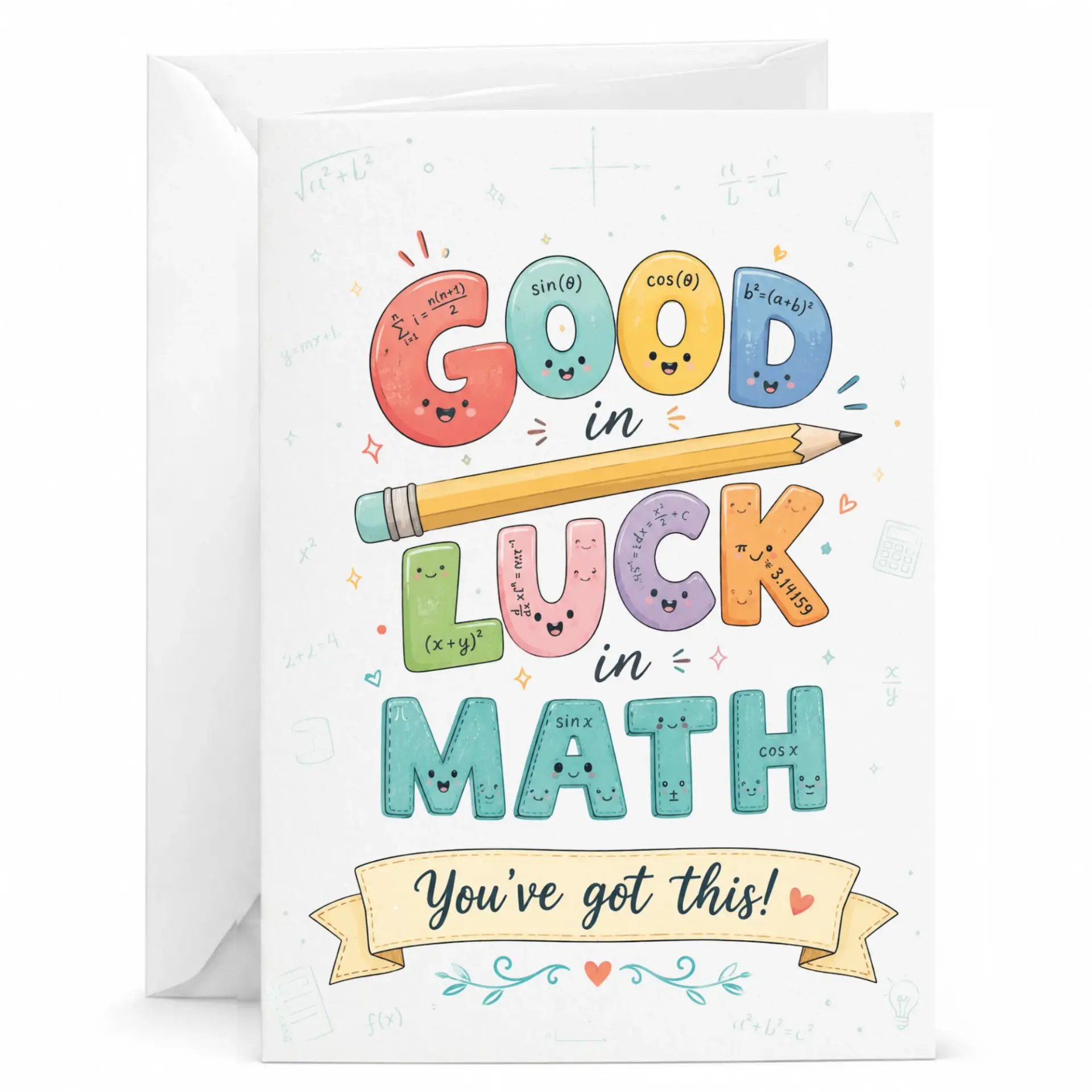 Funny Math Good Luck Greeting Card Encouragement Note with Envelope for Mathematician Fan 5x7 Inches