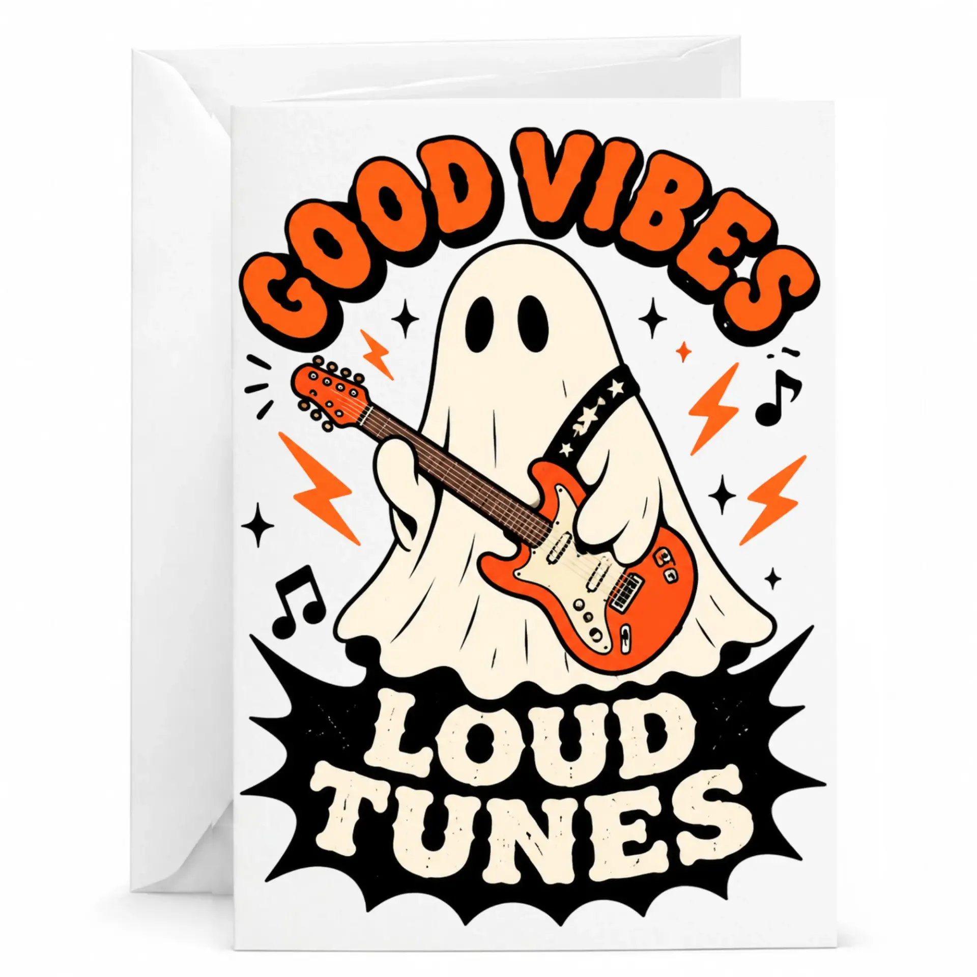 Funny Greeting Card Good Vibes Loud Tunes Featuring a Ghost Rocking Out with an Electric Guitar Illustration