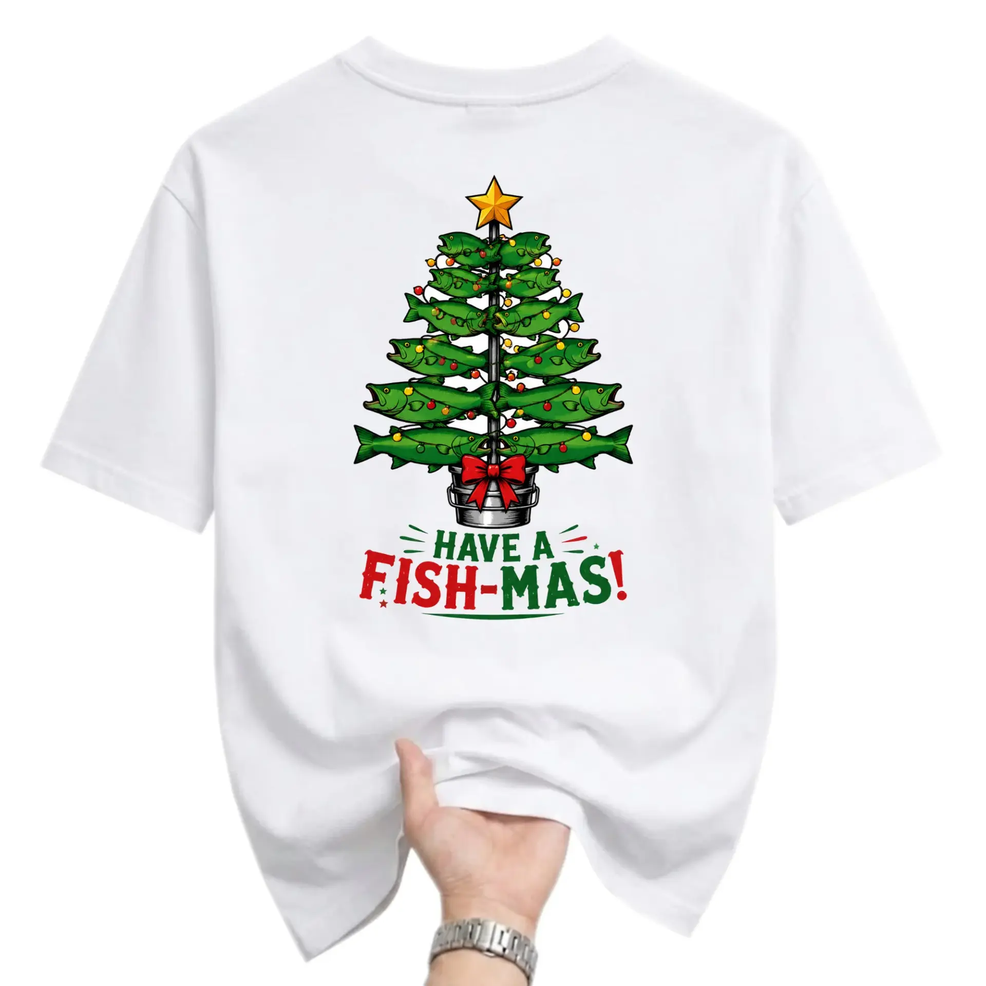 Funny Shirt Have a Fish-Mas Christmas Tree Graphic Tee Unisex Casual Crew Neck Soft Cotton Blend Holiday Apparel