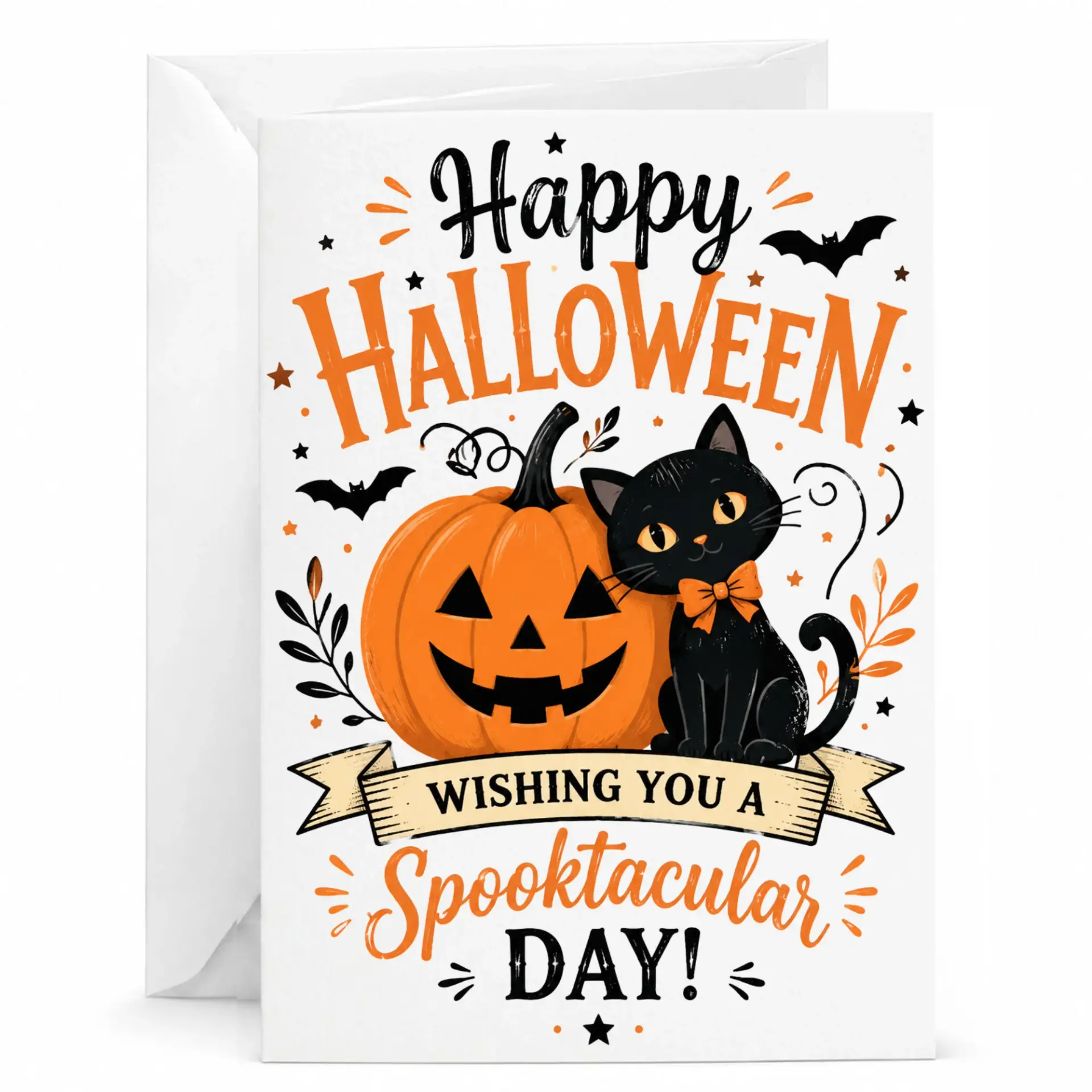 Happy Halloween Greeting Card Featuring Black Cat and O Lantern Pumpkin Design for Festive Seasonal Wishes