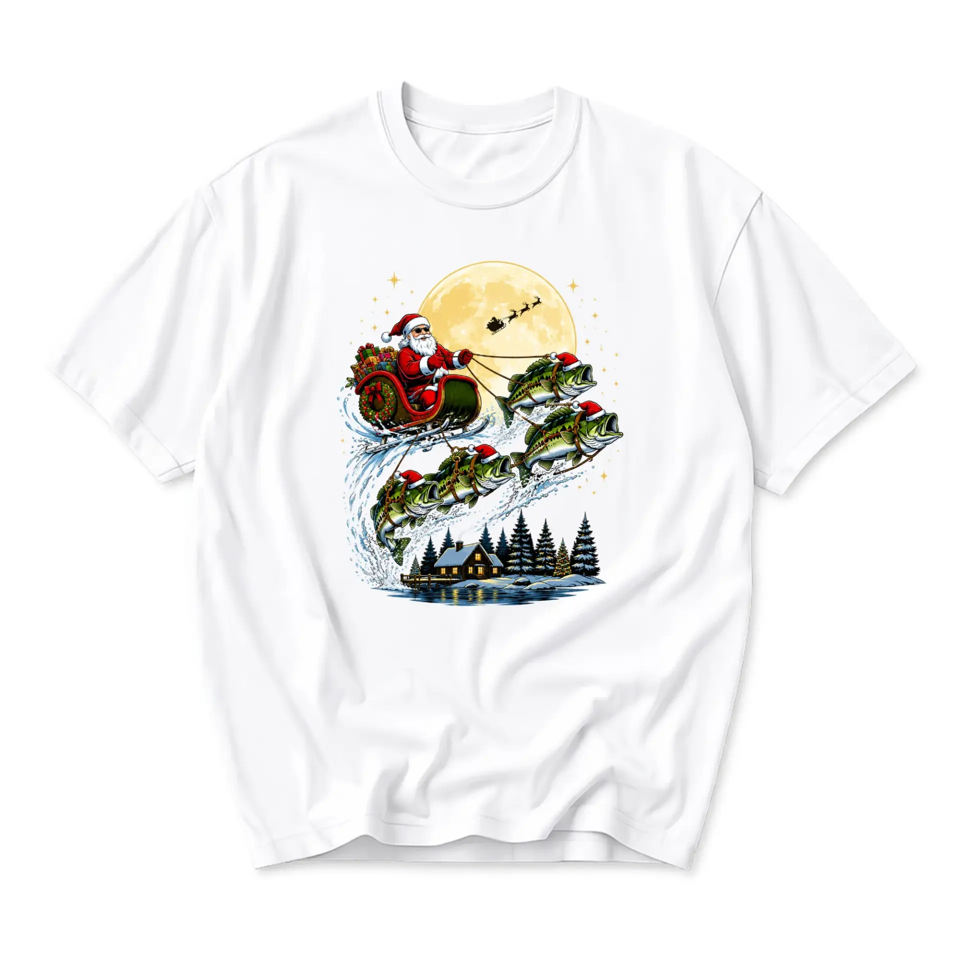 Graphic Tee Santa Claus Fishing with Fish Sleigh Funny Holiday Unisex Crew Neck Short Sleeve Casual Cotton T-Shirt