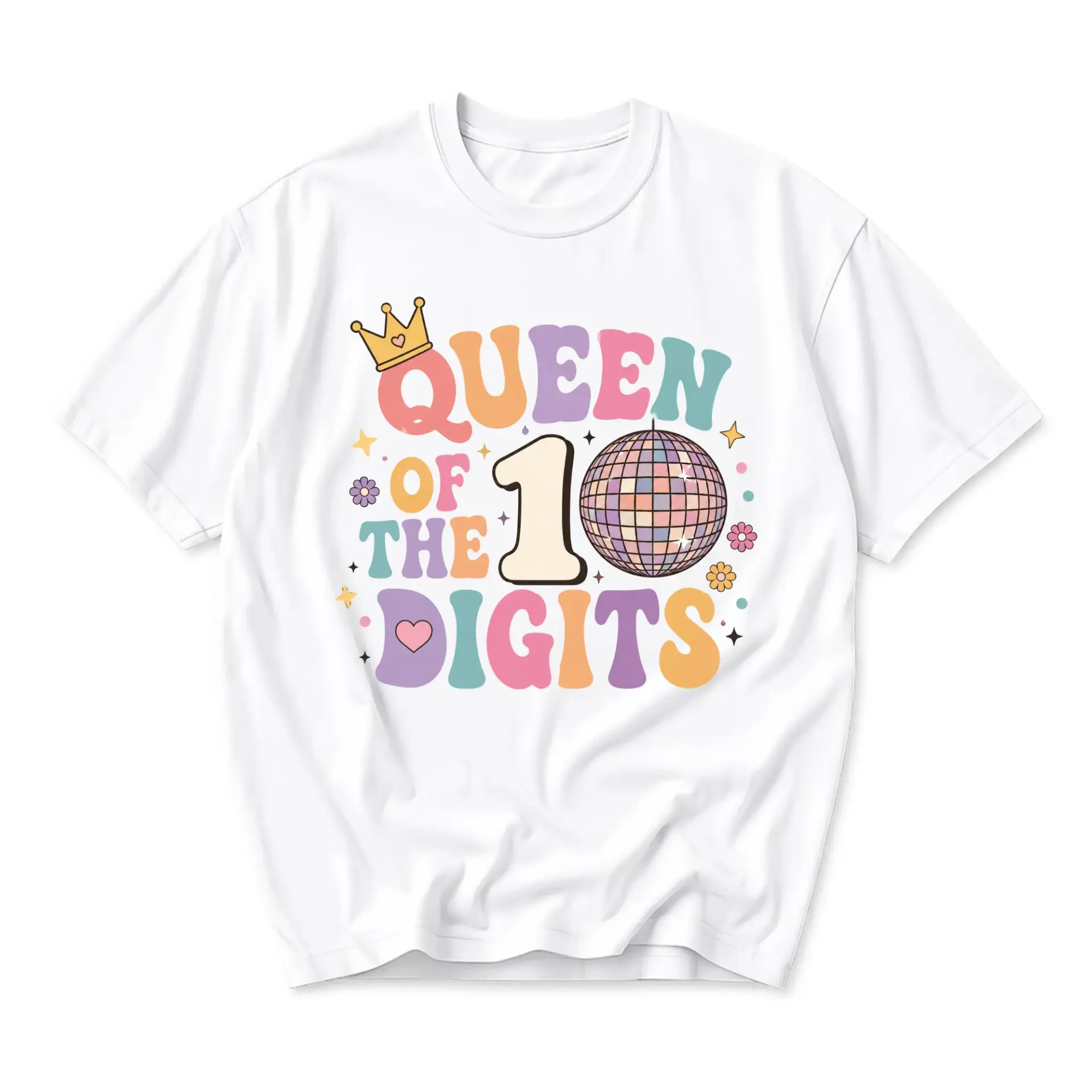 Graphic Tee Queen of the 10 Digits Retro Disco Ball Unisex Crew Neck Casual Everyday Short Sleeve Cotton T-Shirt