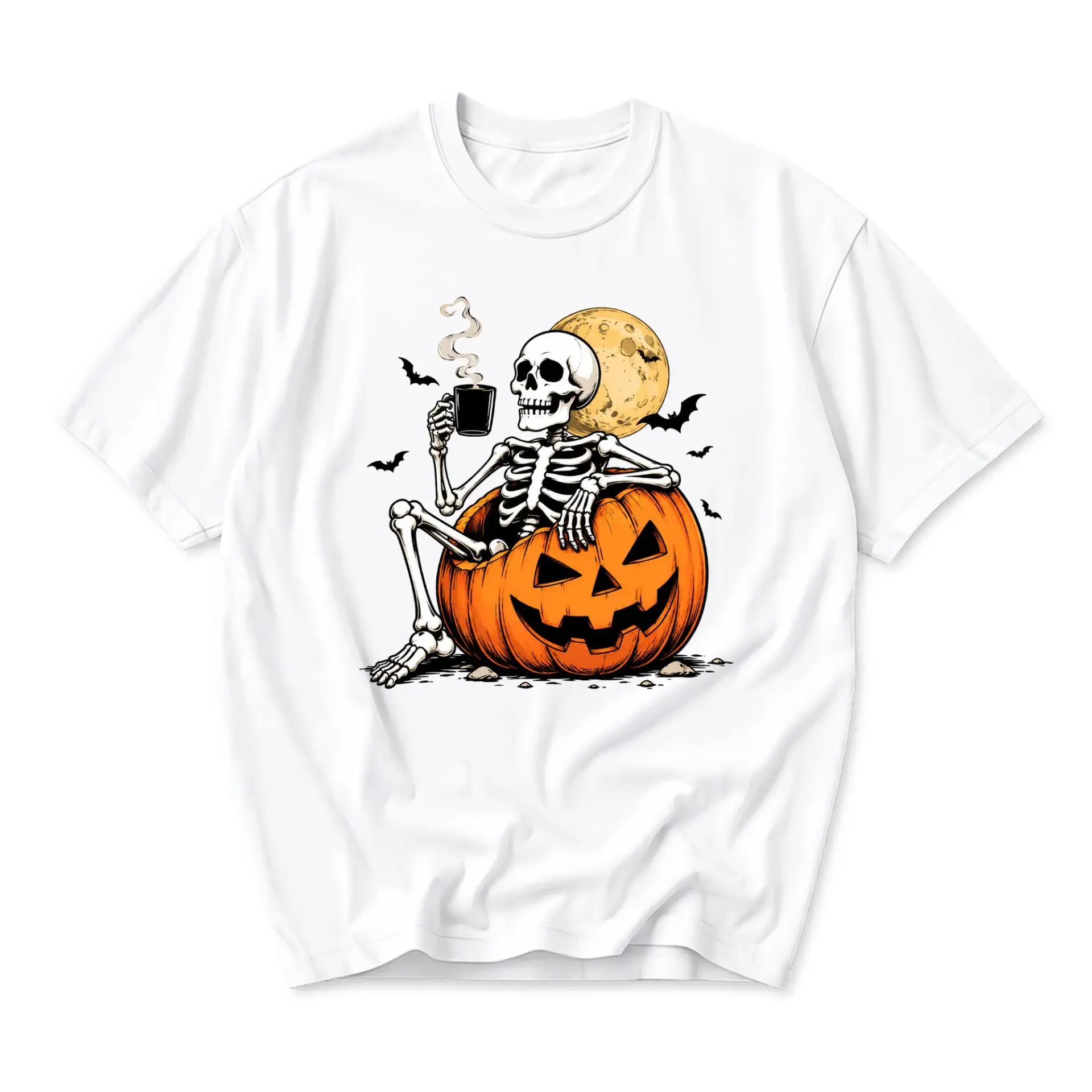 Graphic Tee Unisex Crew Neck T-Shirt Featuring a Skeleton Sitting in a Pumpkin with Coffee and Moon Design Apparel