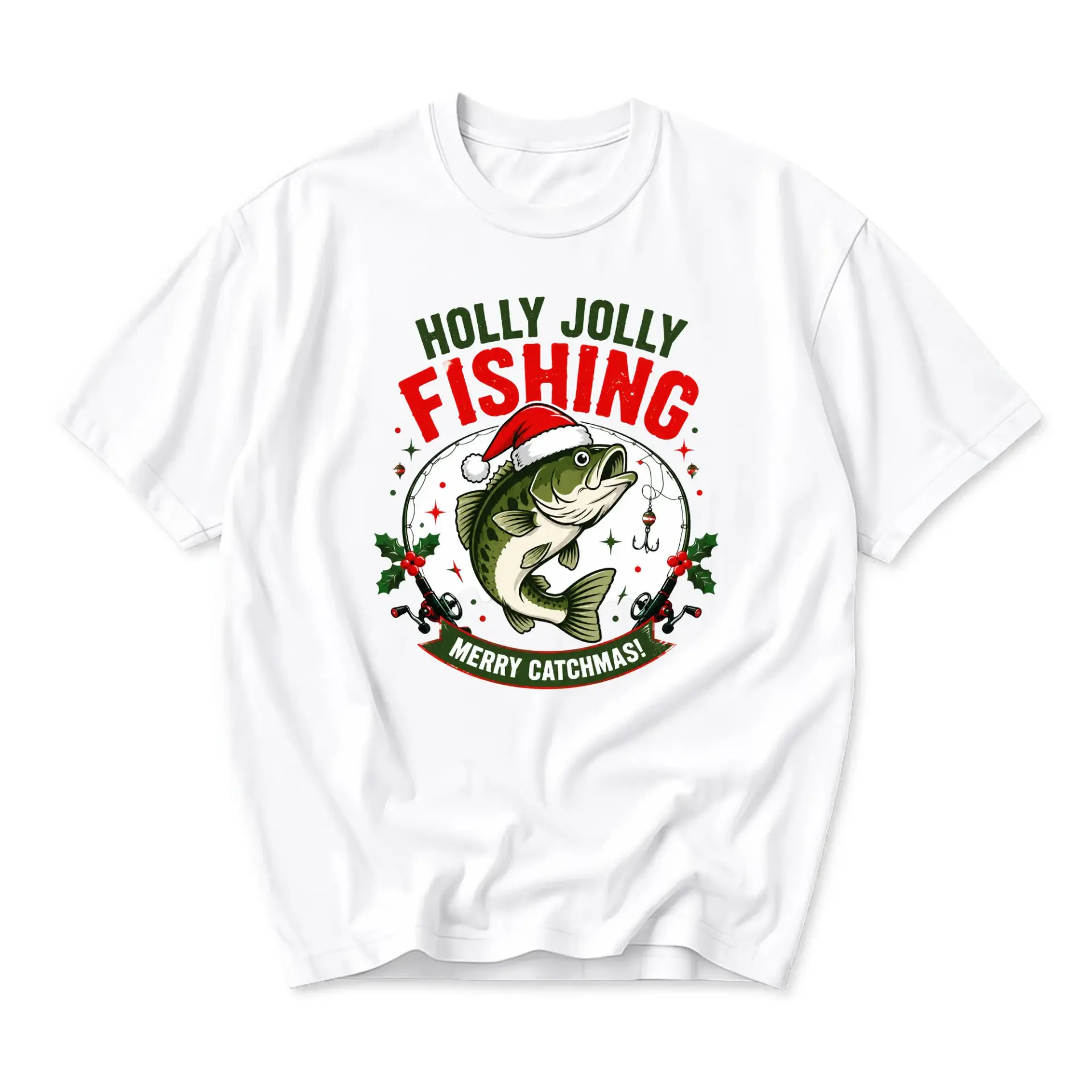 Funny Shirt Fishing Merry Catchmas Graphic Tee Unisex Crew Neck Casual