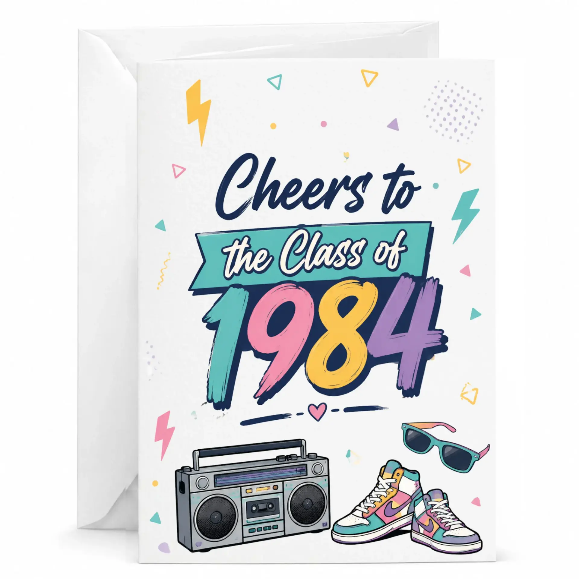 Greeting Card Class of 1984 Reunion Celebration Stationery with 80s Nostalgia Theme and Retro Boombox Sneaker Design