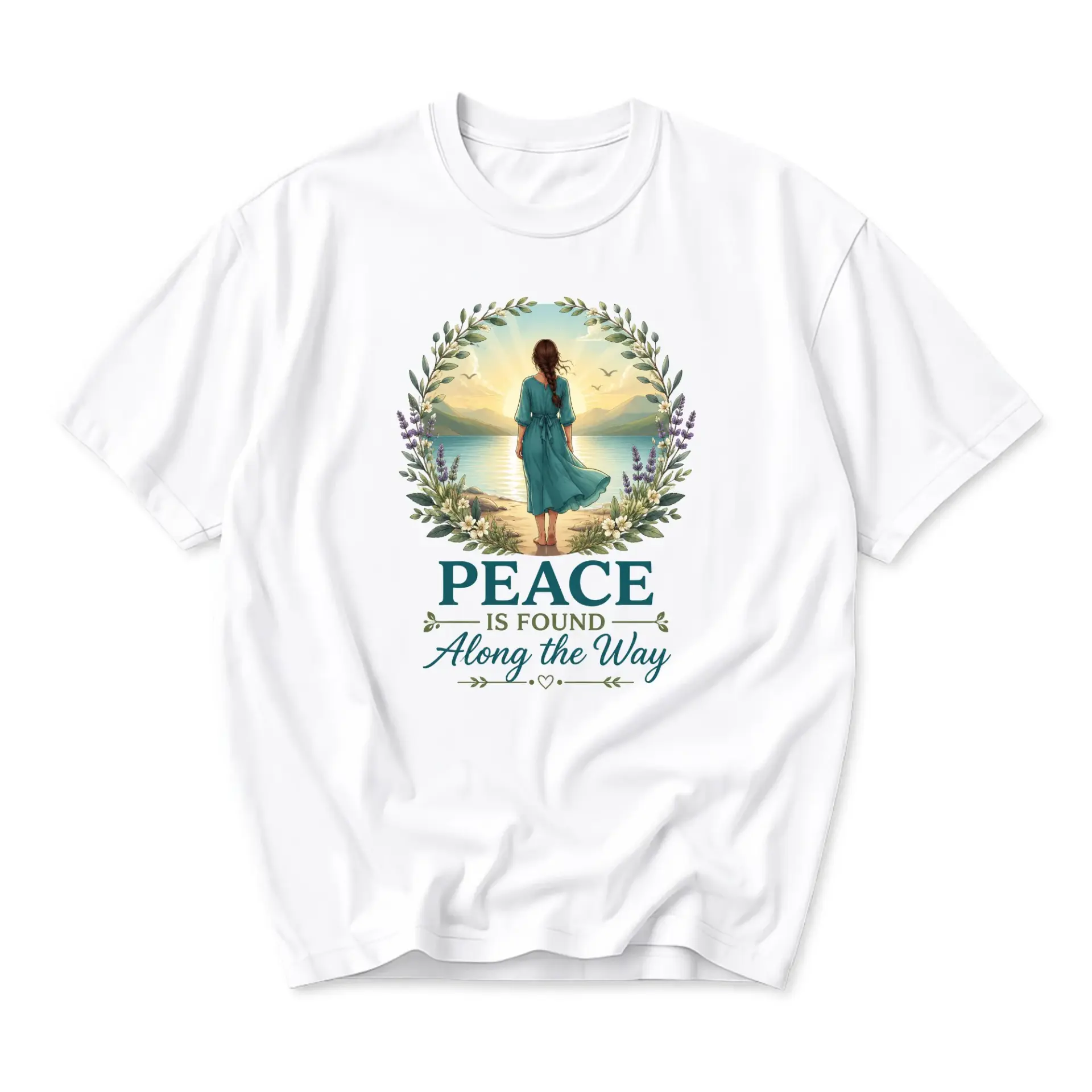 Graphic Tee Peace Is Found Along the Way Inspirational Nature Art Unisex Crew Neck Casual Cotton Blend T-Shirt