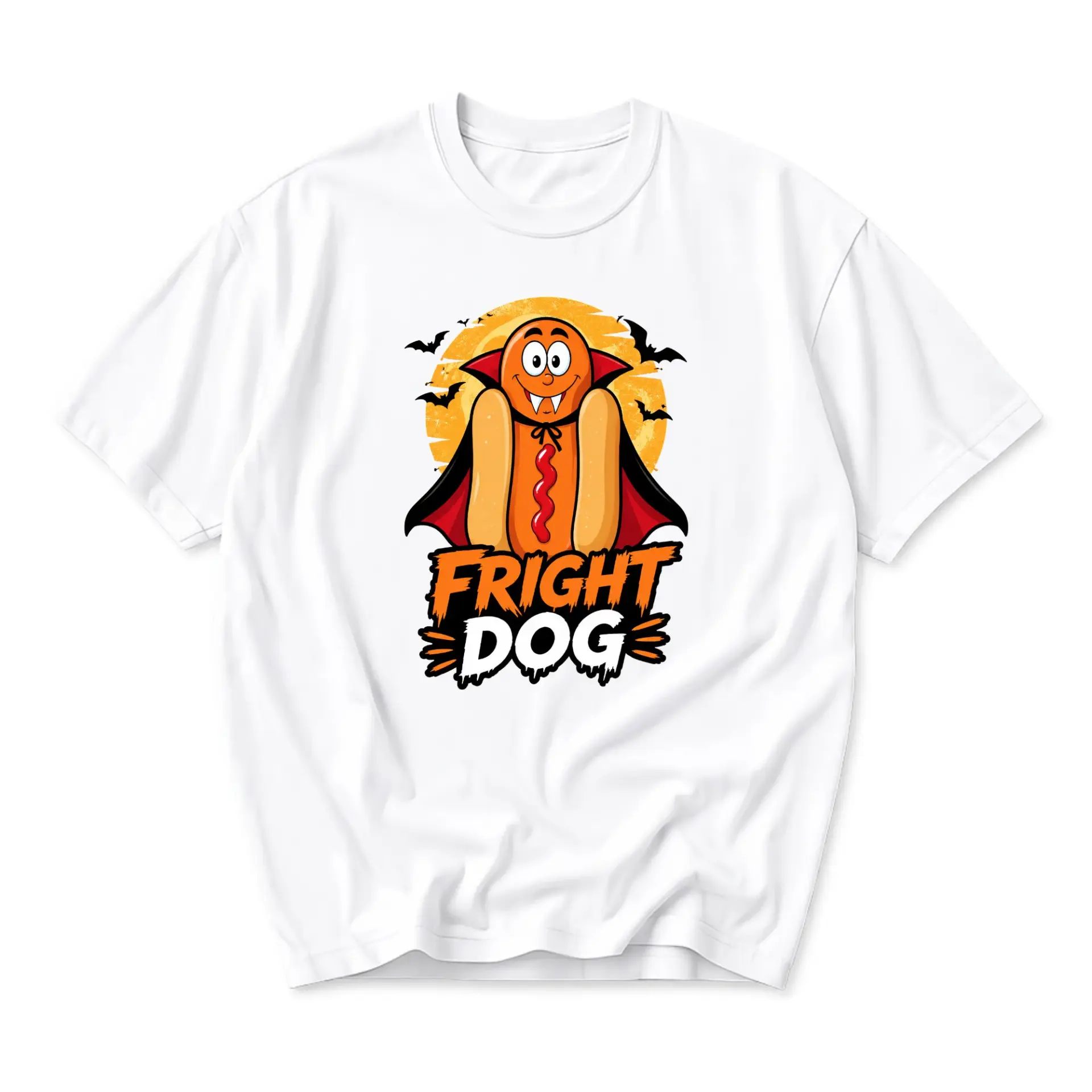 Funny Shirt Fright Dog Vampire Hot Dog Graphic Tee Seasonal Humor Casual Apparel for Men and Women White Crew Neck