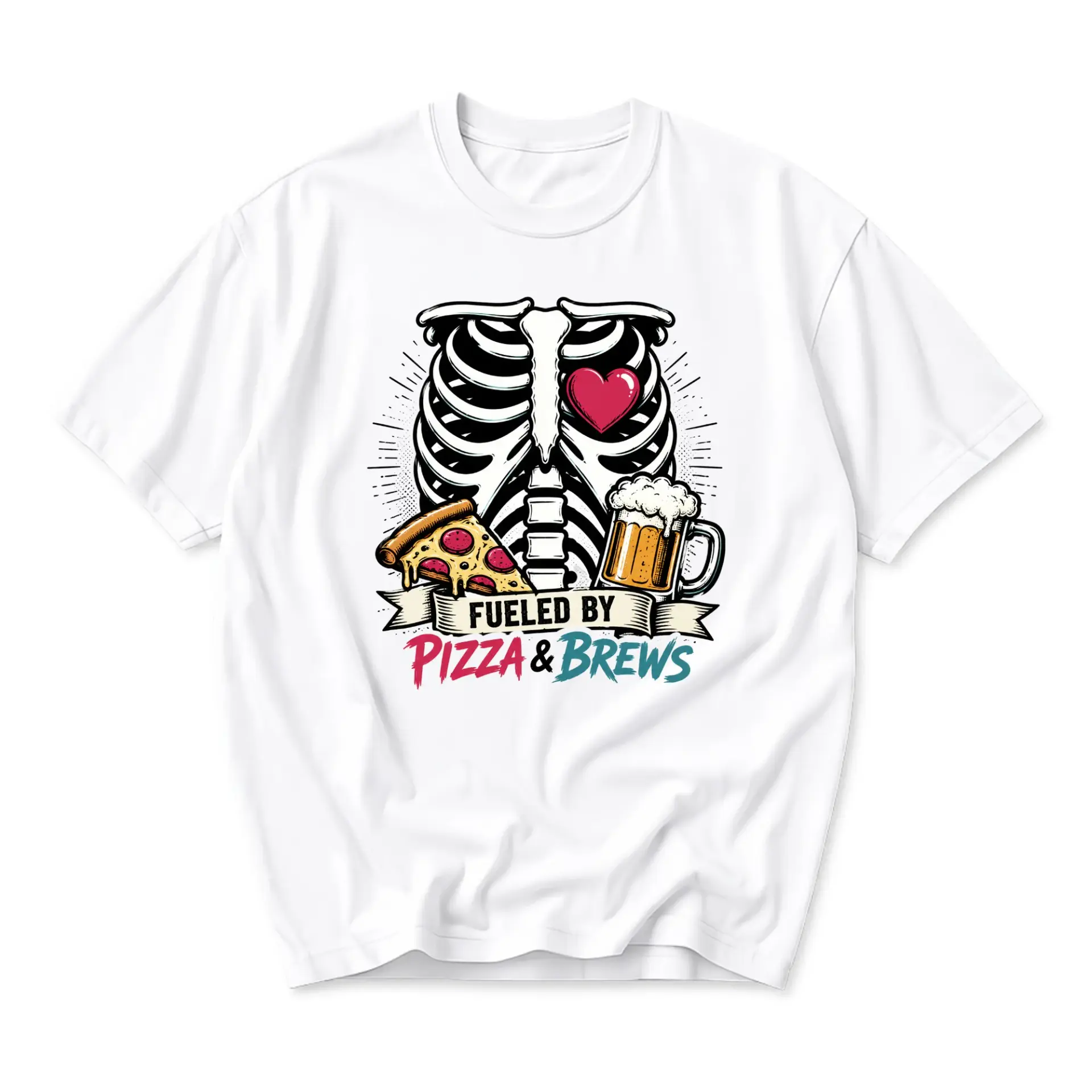 Funny Shirt Fueled by Pizza and Brews Graphic Tee Unisex Casual Crew Neck Soft Cotton Everyday Apparel for Men Women
