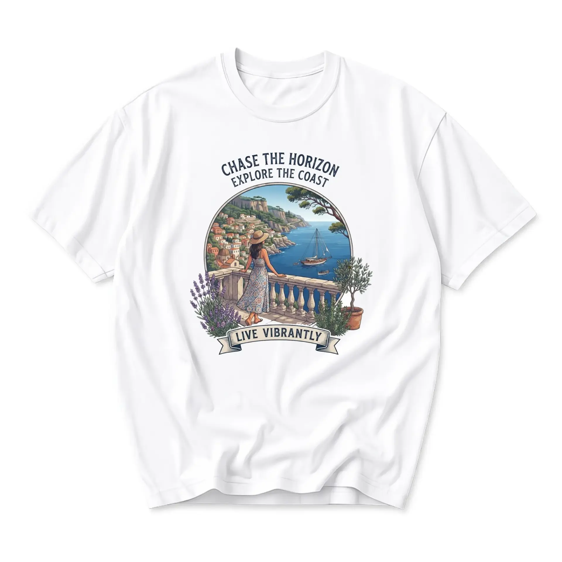 Graphic Tee Unisex Coastal Scene Printed Shirt Casual Travel Aesthetic Apparel for Everyday Wear Comfort Fit White
