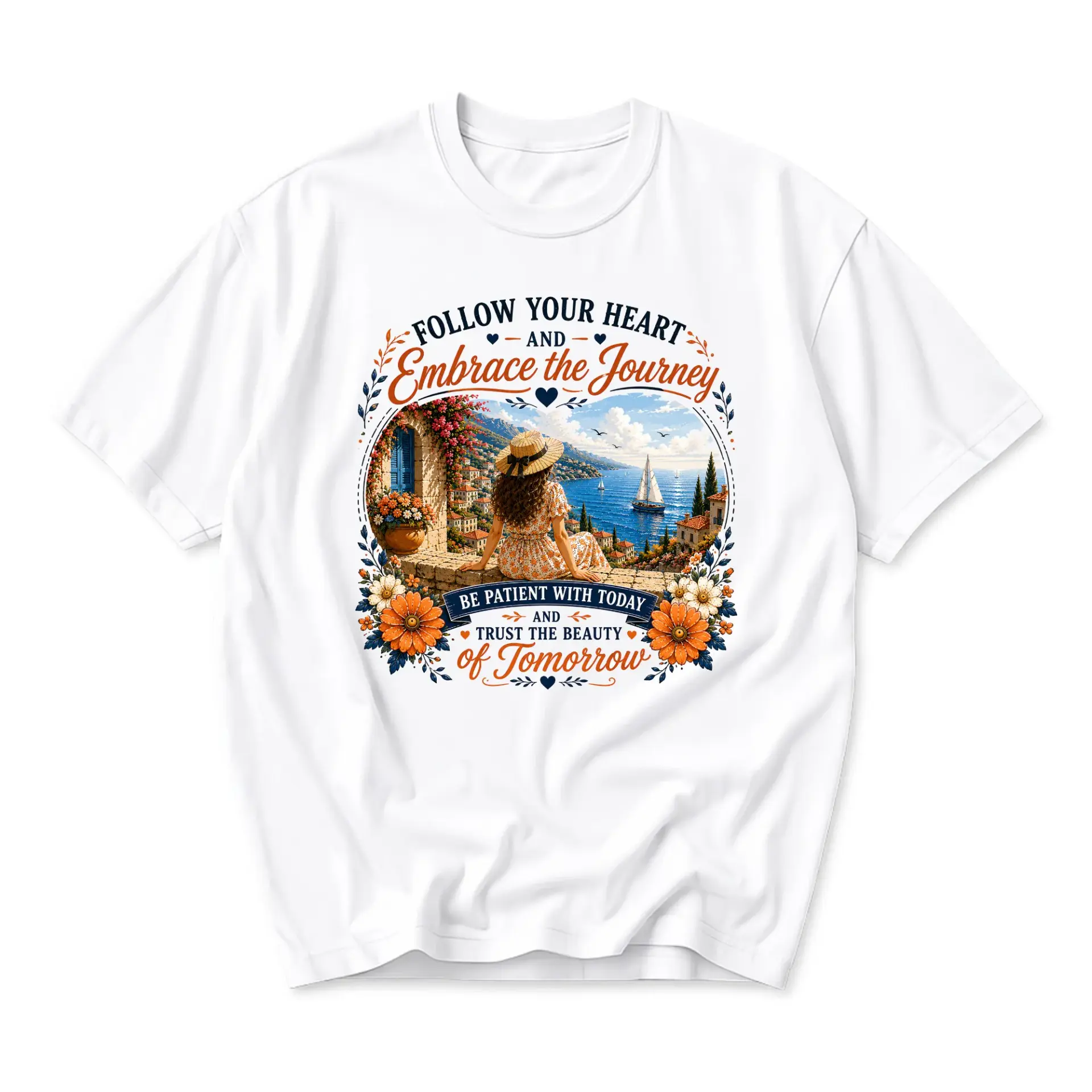 Graphic Tee Follow Your Heart and Embrace the Journey Inspirational Coastal View Unisex Crew Neck Summer Shirt