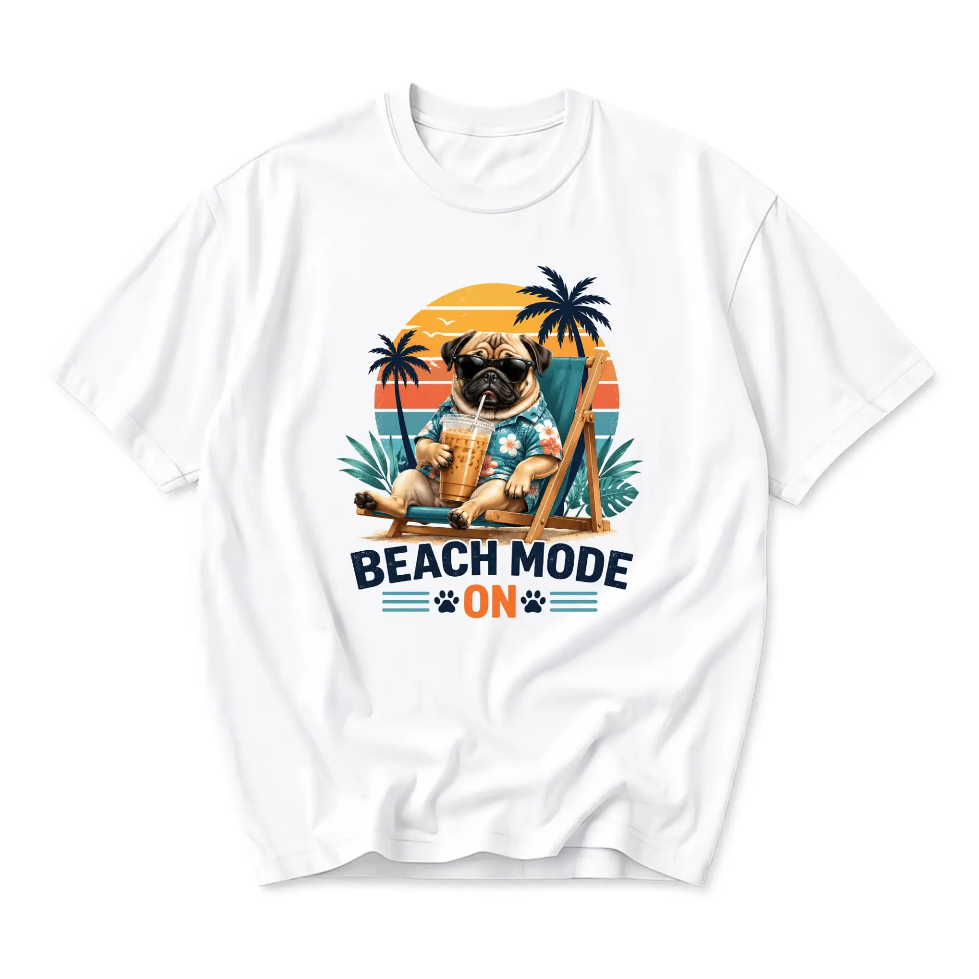 Funny Shirt Beach Mode on Pug Graphic Tee Tropical Lover Print Unisex Crew