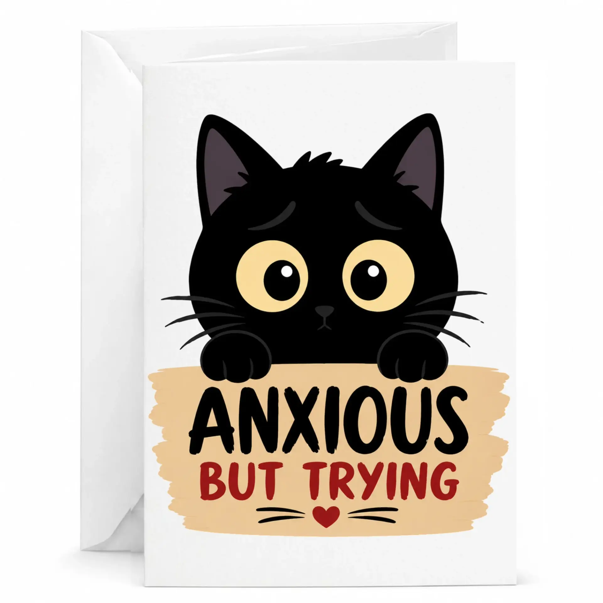 Funny Cat Greeting Card Anxious but Cute Black Kitten Illustration Print for Encouragement and Support