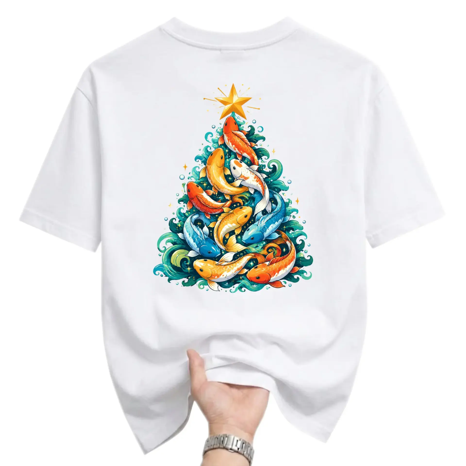 Graphic Tee Koi Fish Christmas Tree Print Unisex Crew Neck Cotton Blend