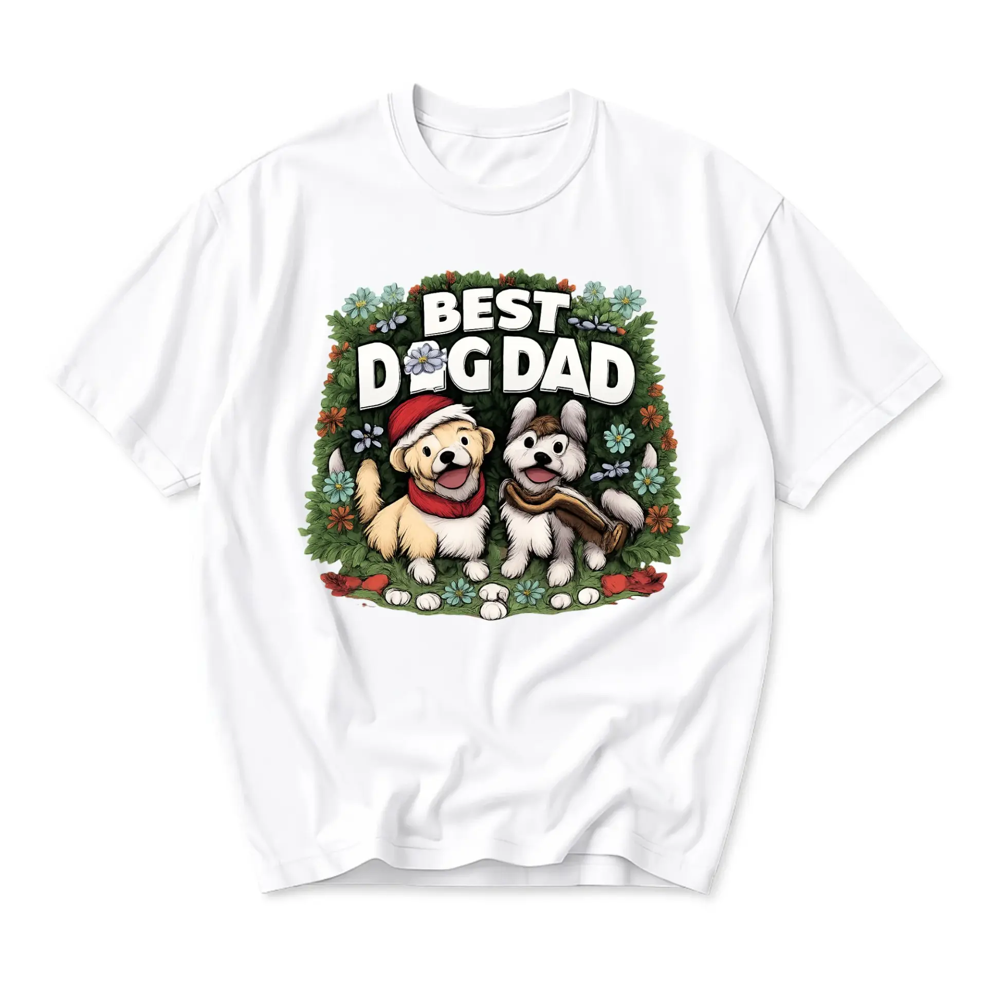 Funny Shirt Best Dog Dad Graphic Tee Features Two Cute in a Floral Wreath