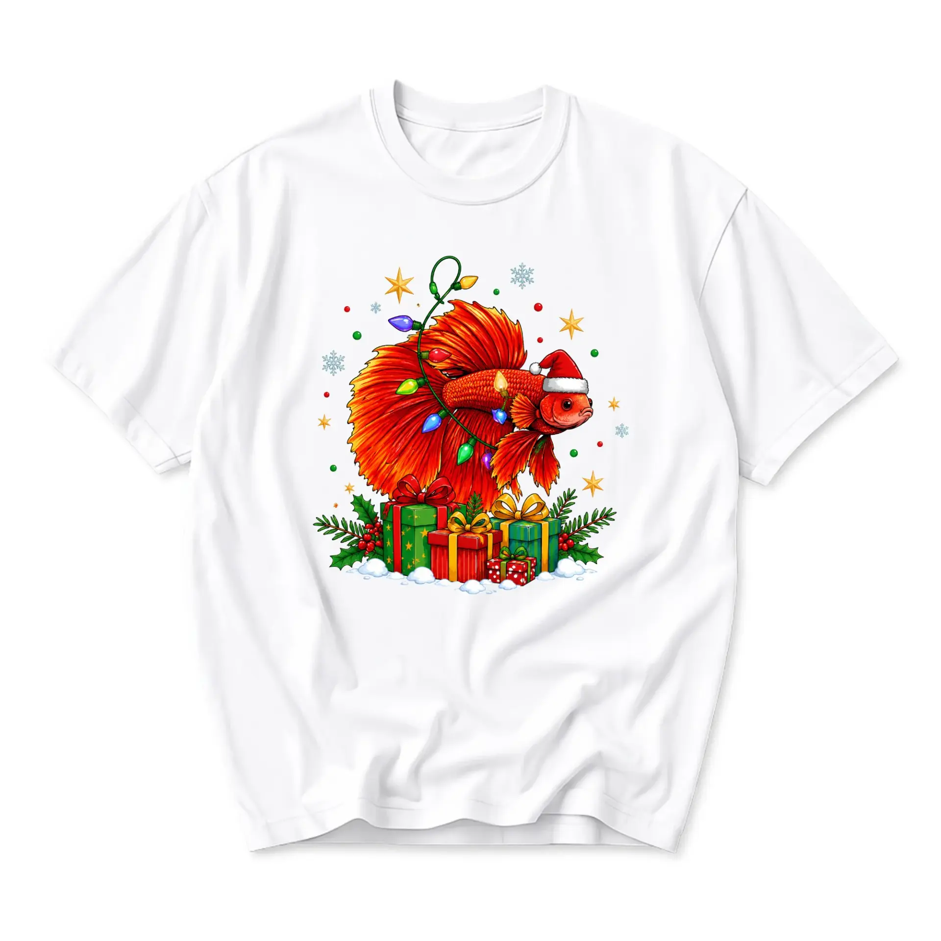 T-shirt Graphic Tee Featuring a Festive Betta Fish with Christmas Lights