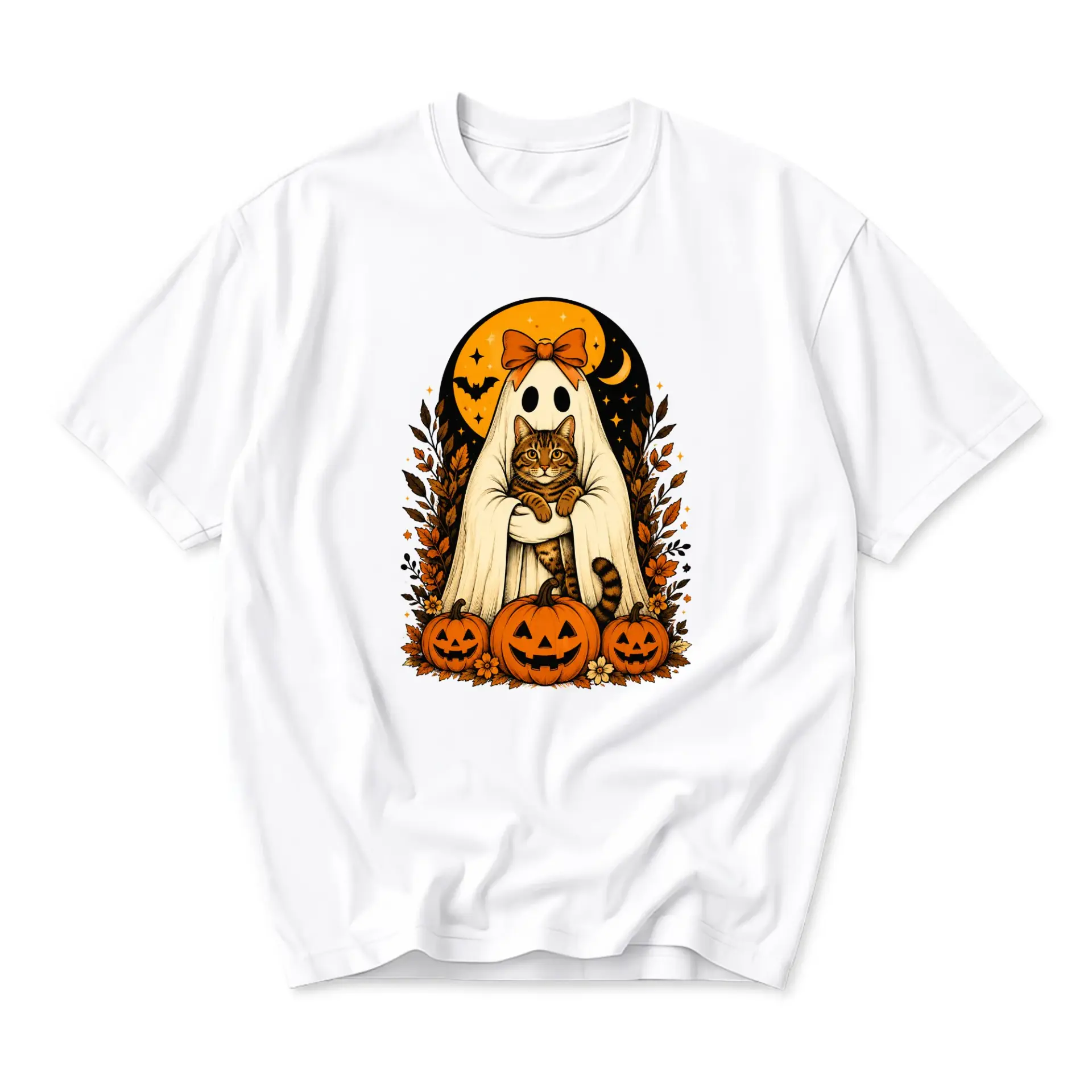 Graphic Tee Ghost Cat Pumpkin Shirt Unisex Casual Fall Graphic Print Cotton Blend Crew Neck Short Sleeve Top