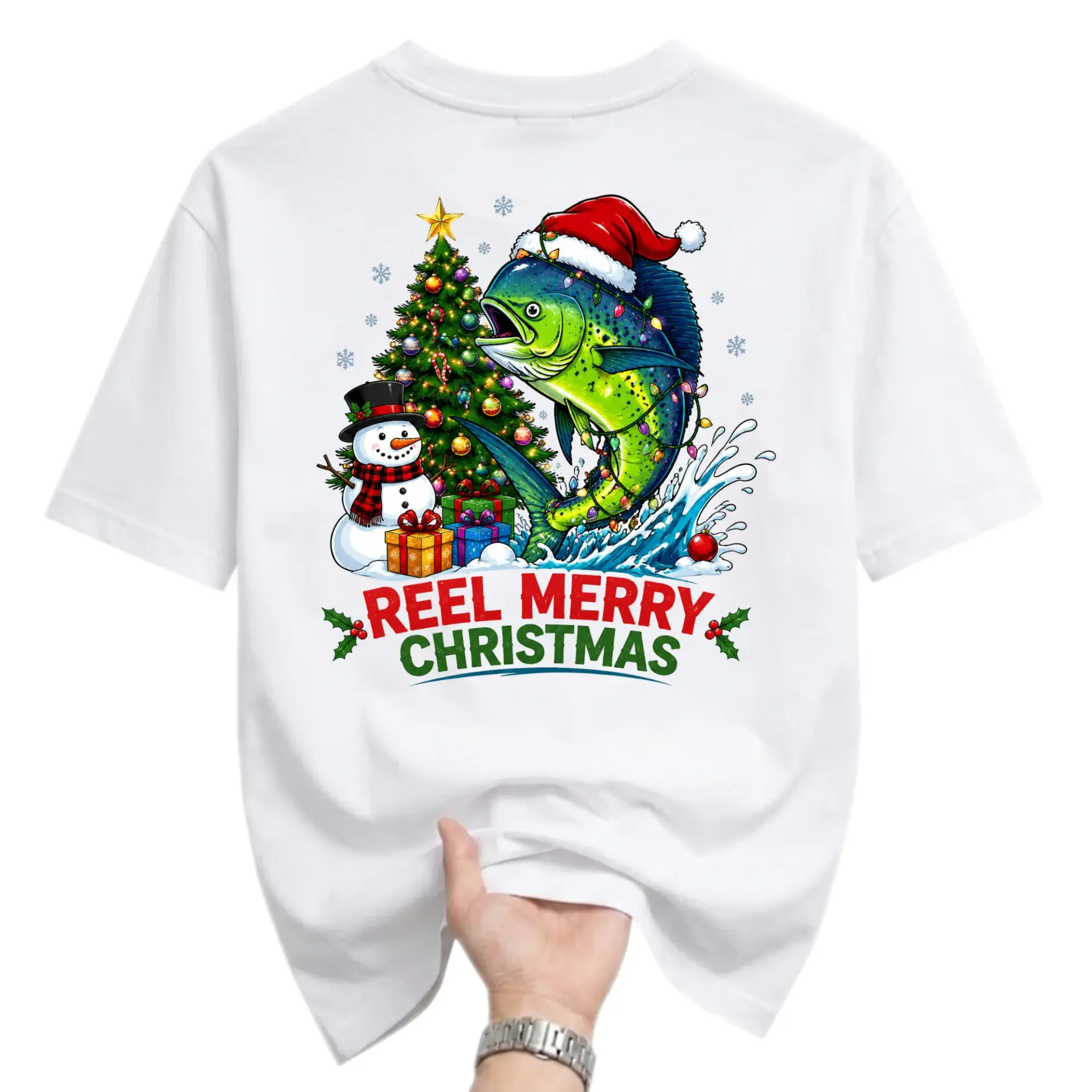 Funny Shirt Reel Merry Christmas Fishing Graphic Tee Holiday Unisex Crew Neck Casual Cotton Blend Apparel White
