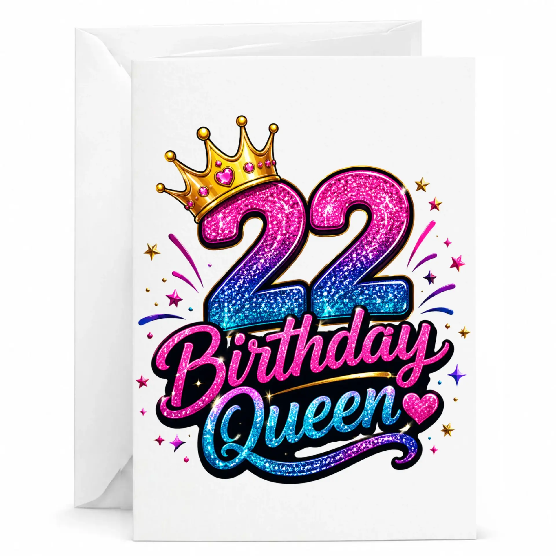 Birthday Card 22nd Birthday Queen Greeting Card with Glitter Design and Crown for Her Milestone Twenty Second Celebration