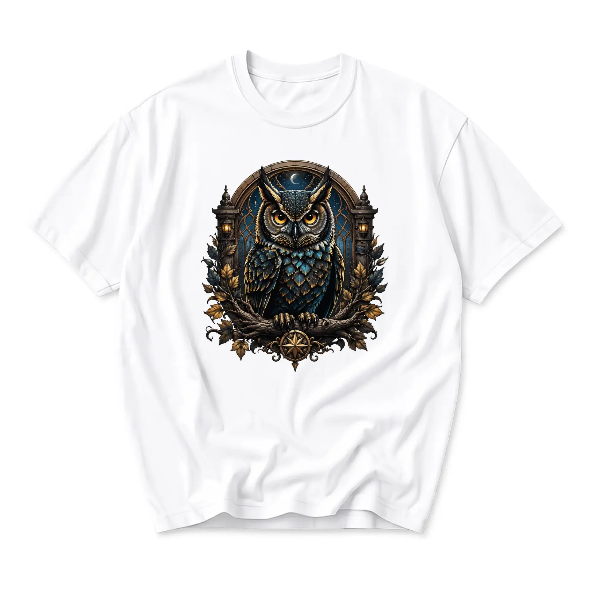 Graphic Tee Featuring a Regal Wise Owl in an Ornate Gothic Frame Unisex Crew Neck Casual Everyday Cotton Shirt