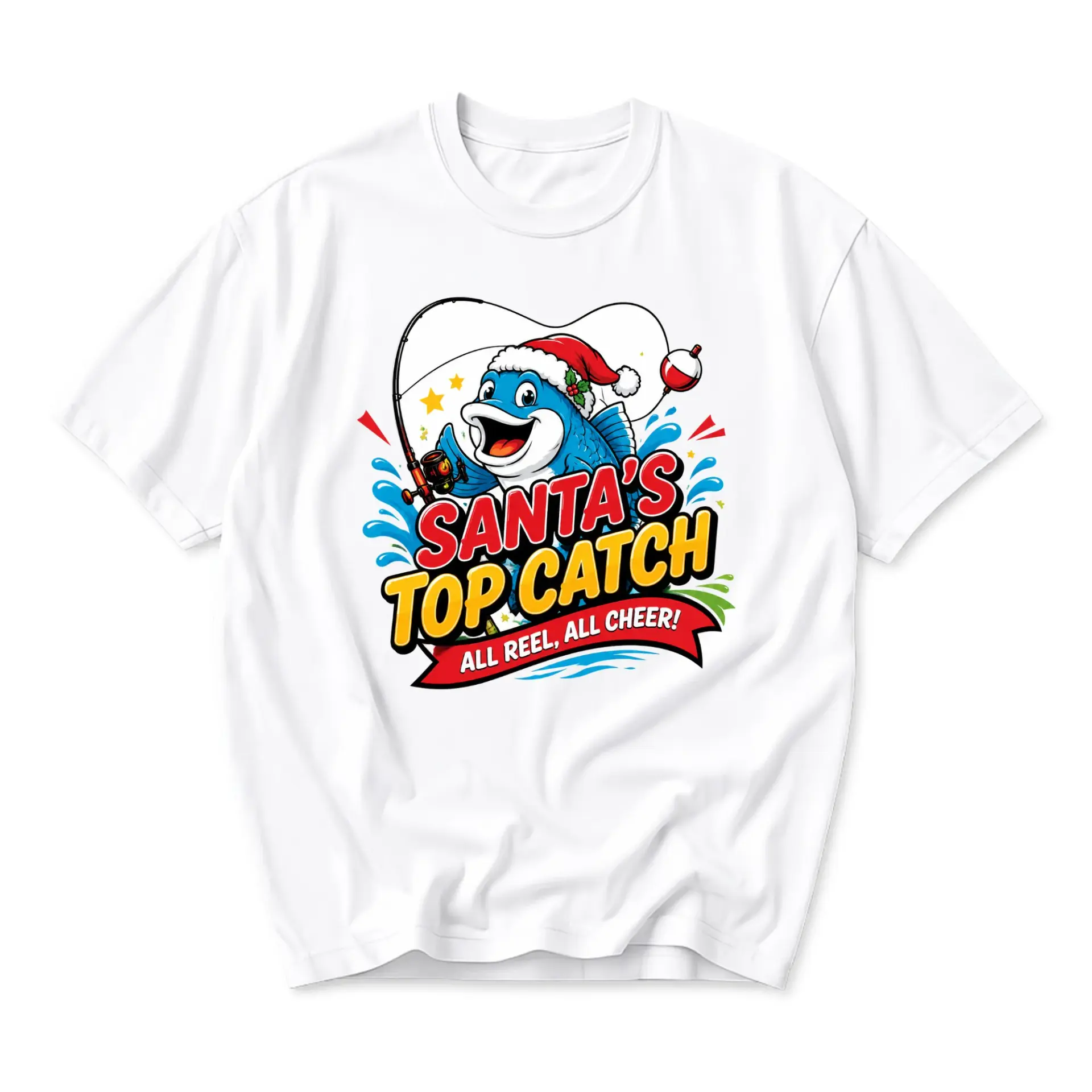 Funny Shirt Santa' Catch Fishing Christmas Graphic Tee Unisex Casual Crew