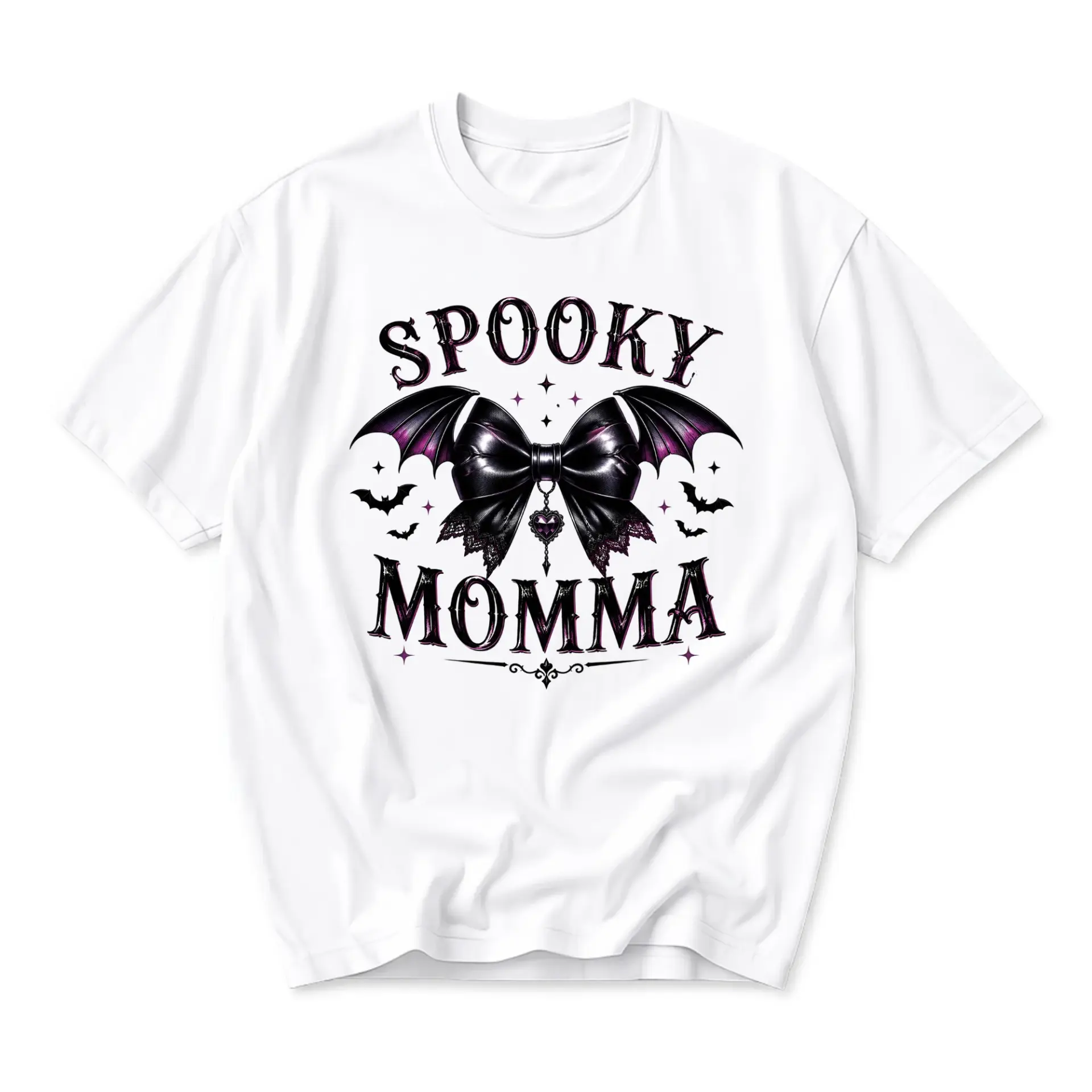 Spooky Momma Graphic Tee Unisex Crew Neck Short Sleeve Cotton Blend Shirt with Gothic Bow and Bat Wing Print Design