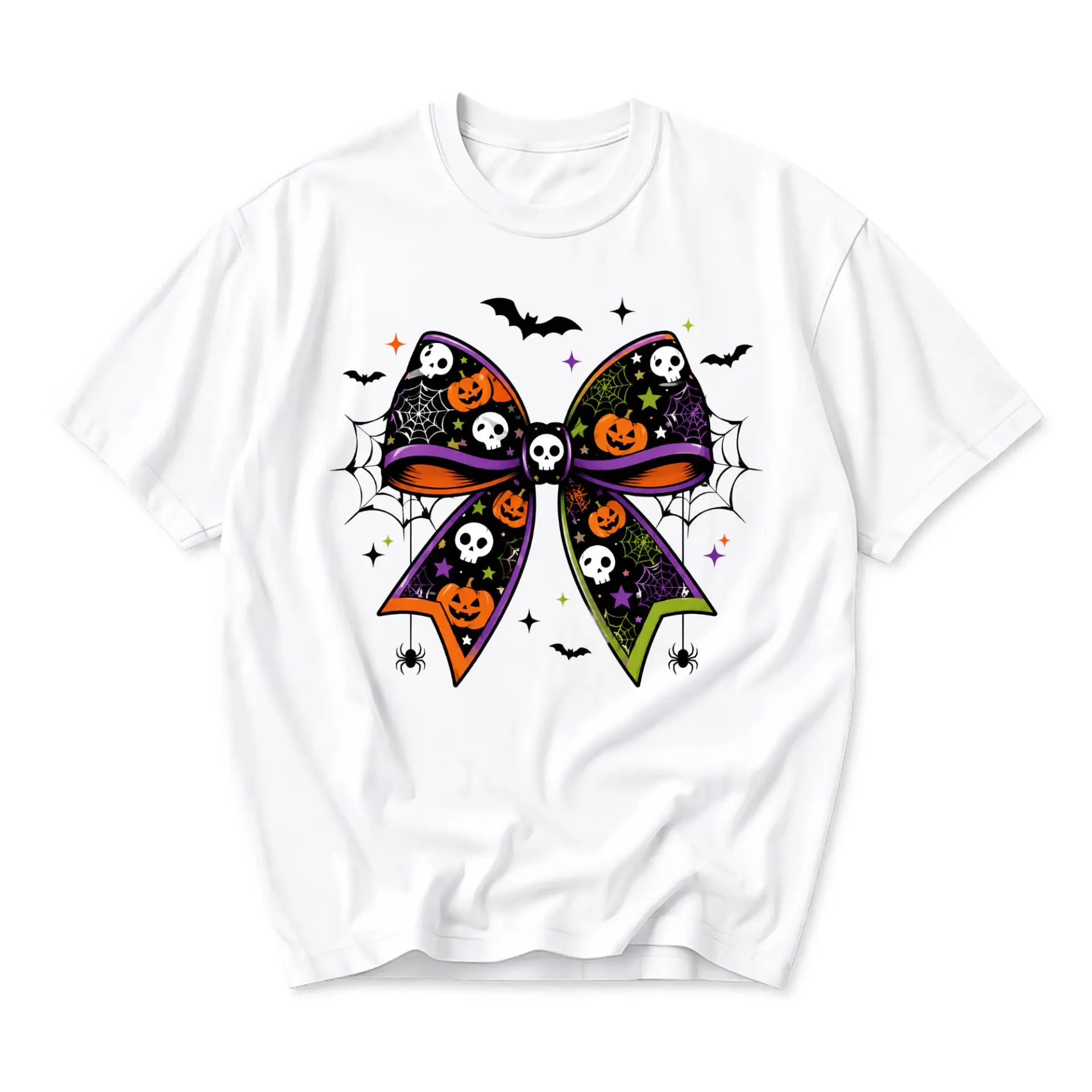 Graphic Tee Unisex Halloween Spooky Bow T-Shirt with Jack-O-Lanterns and Skulls Print on White Cotton Crew Neck Shirt
