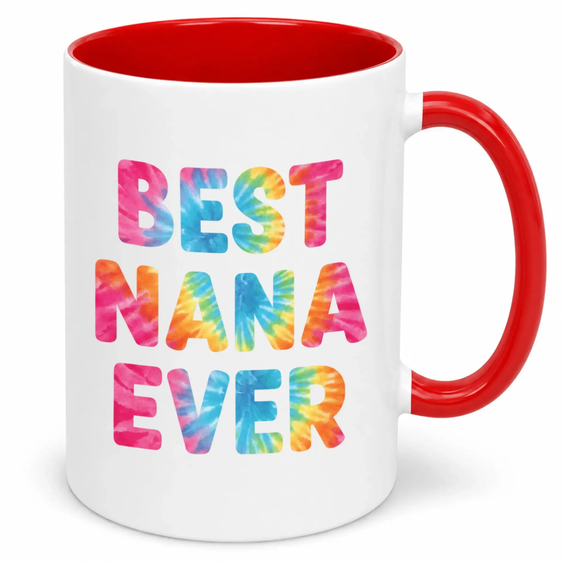 Coffee Mug Best Nana Ever Tie-Dye Design White Ceramic Drinkware Gift for Grandmothers Special Occasions with Red Handle and Interior