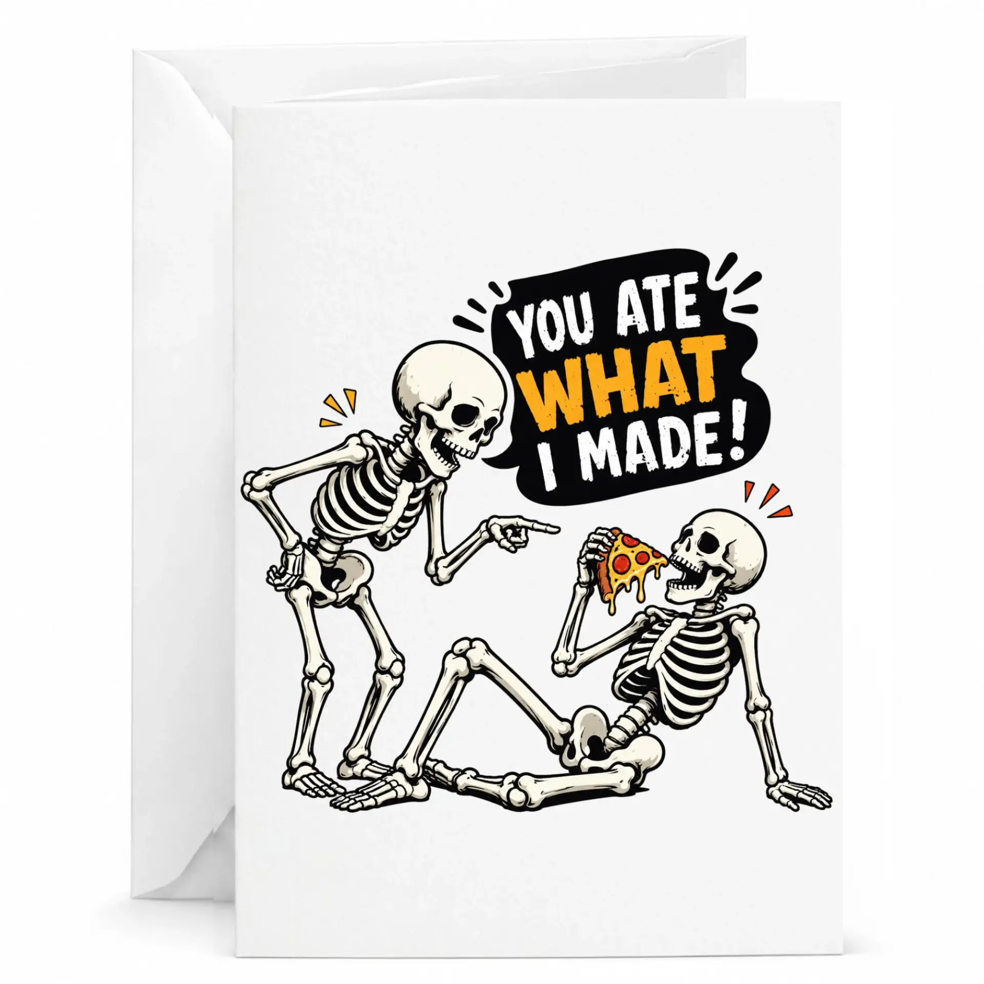 Funny Greeting Card Featuring Skeletons Eating Pizza Design Premium Quality Stationery for Any Occasion