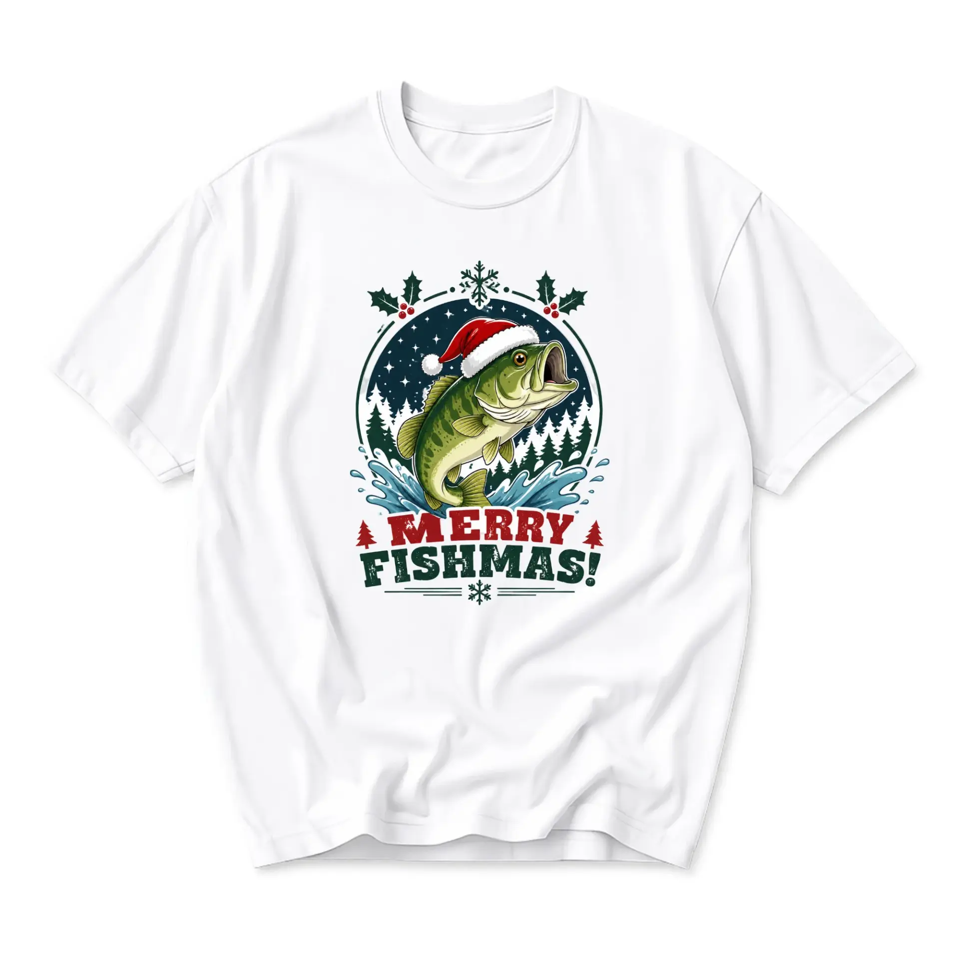Funny Shirt Merry Fishmas Holiday Graphic Tee Featuring a Fish Wearing a Santa Hat for Seasonal Fishing Enthusiasts