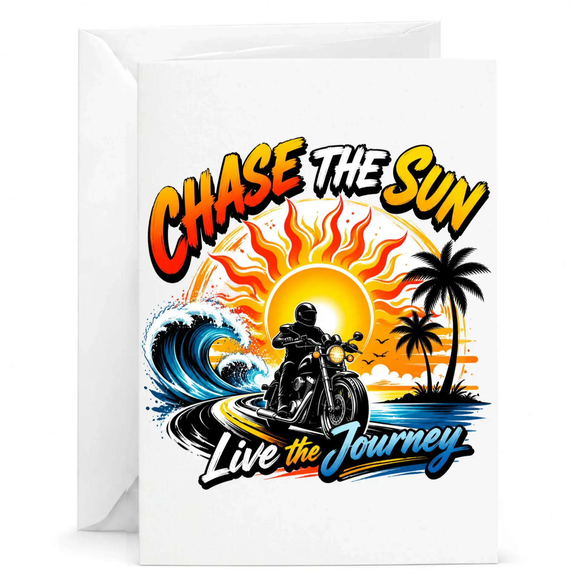 Greeting Card Chase the Sun Live the Journey Motorcycle Rider Design Featuring Sunset Ocean Waves Road Trip Art