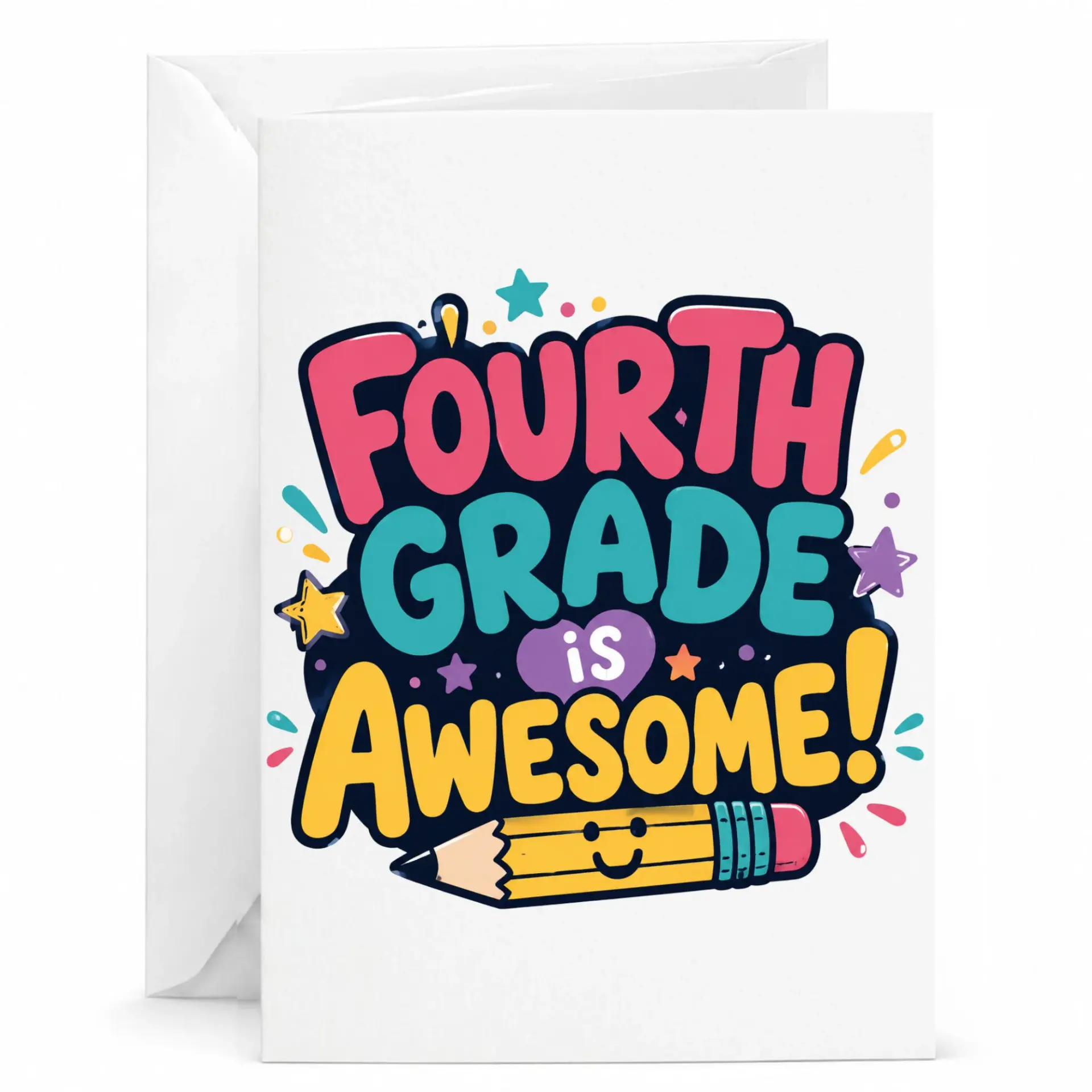 Greeting Card Fourth Is Awesome Design Featuring a Happy Pencil Illustration with Vibrant Colors and Fun Lettering